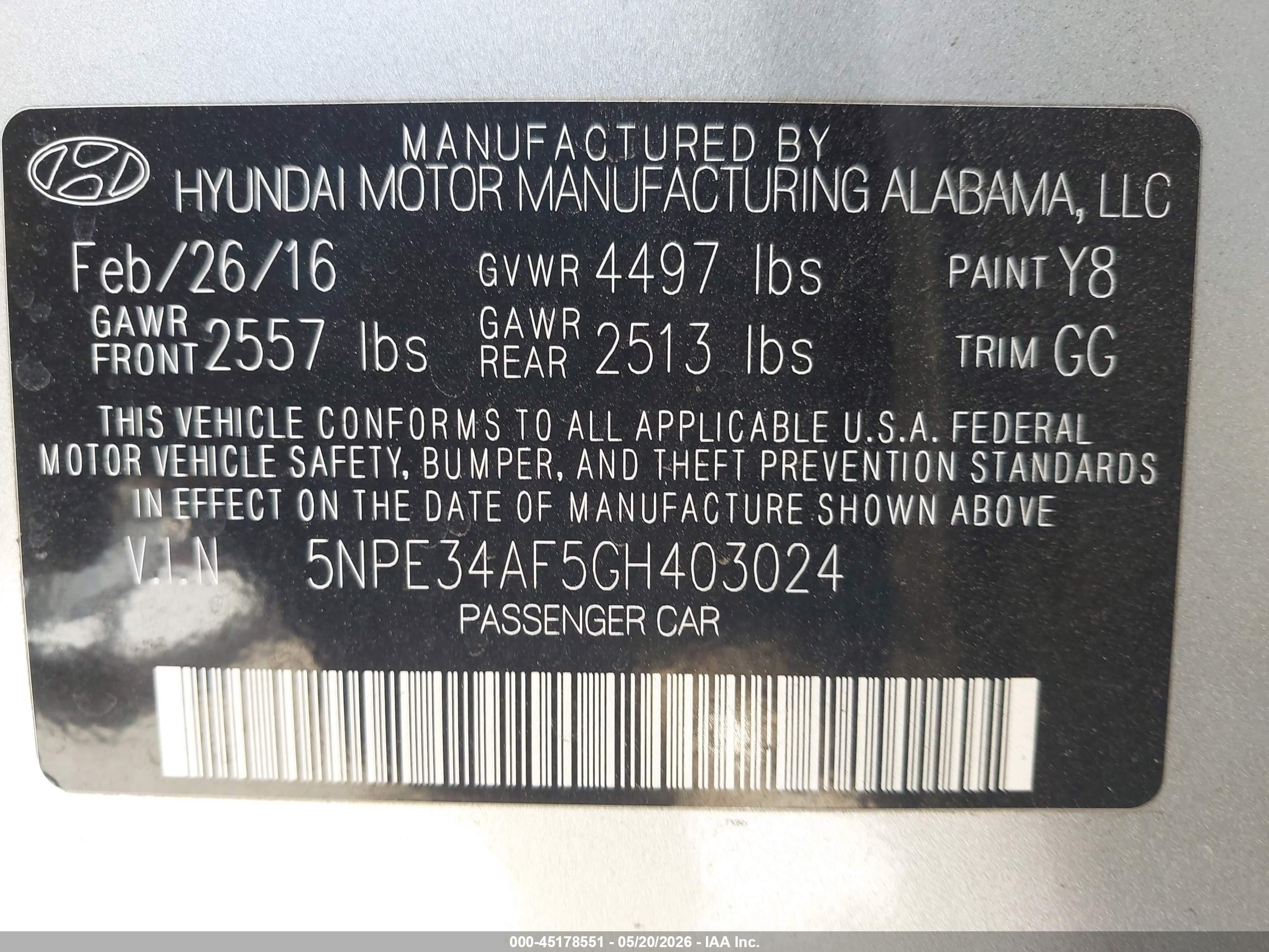 2016 Hyundai Sonata VIN 5NPE34AF5GH403024 IAAI salvage auction — Rear End, Salvage (California), sold $1,250 on 2026-07-12 (photo 9)