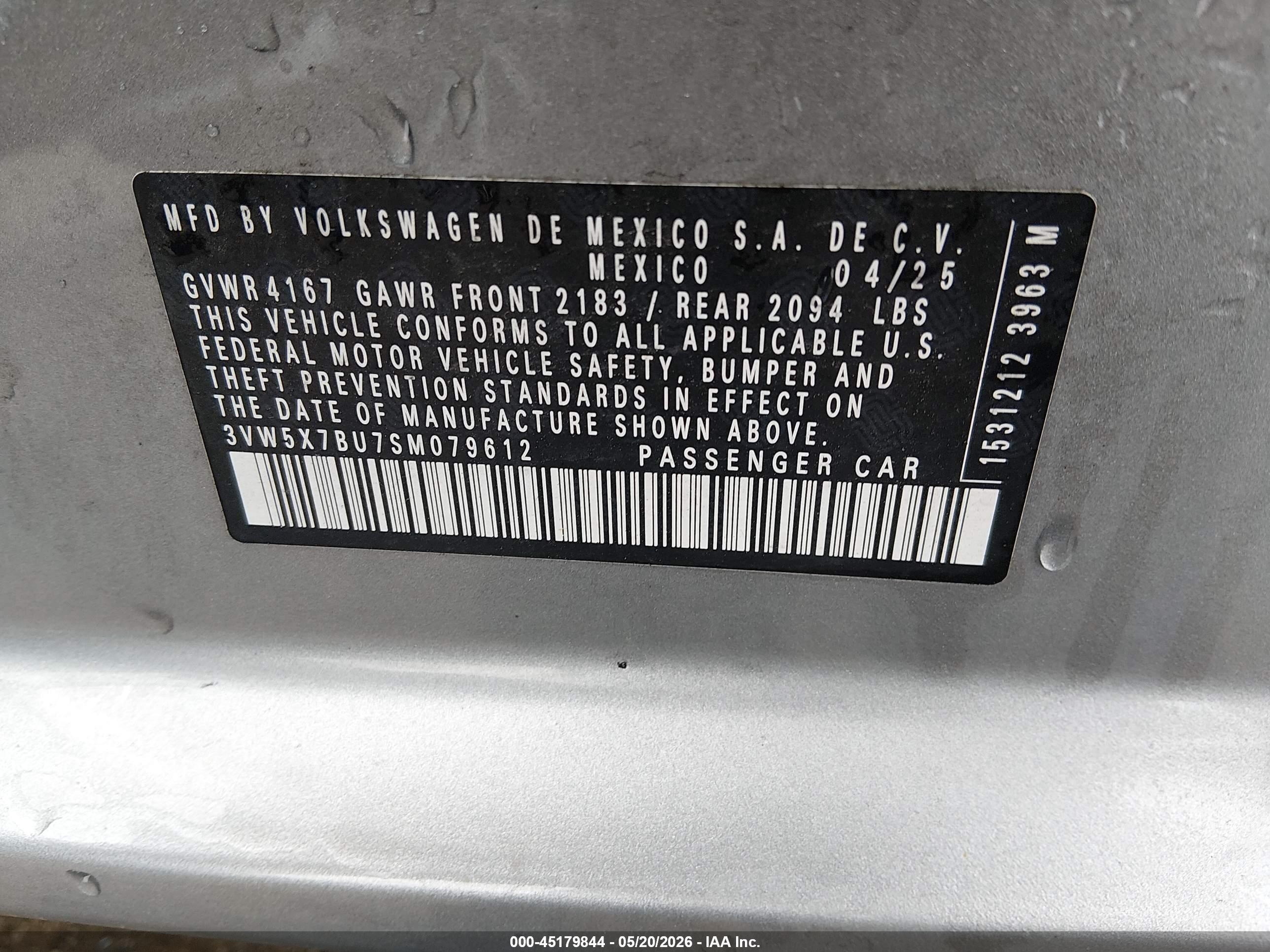2025 Volkswagen Jetta VIN 3VW5X7BU7SM079612 IAAI salvage auction — Front End, Salvage (Indiana), sold $5,300 on 2026-09-29 (photo 9)