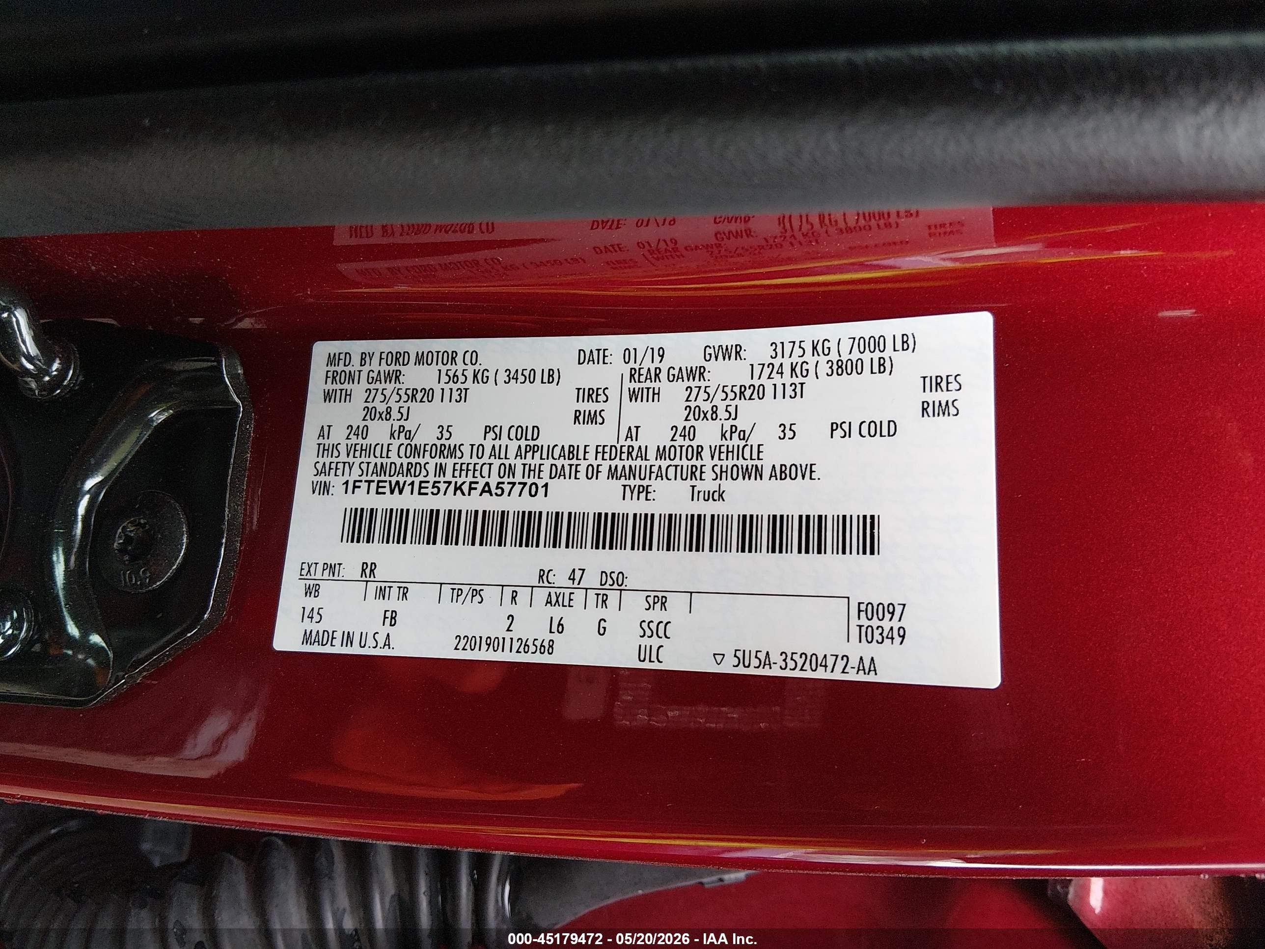 2019 Ford F-150 VIN 1FTEW1E57KFA57701 IAAI salvage auction — Rear End, Clear (Indiana), sold $13,100 on 2026-07-11 (photo 9)