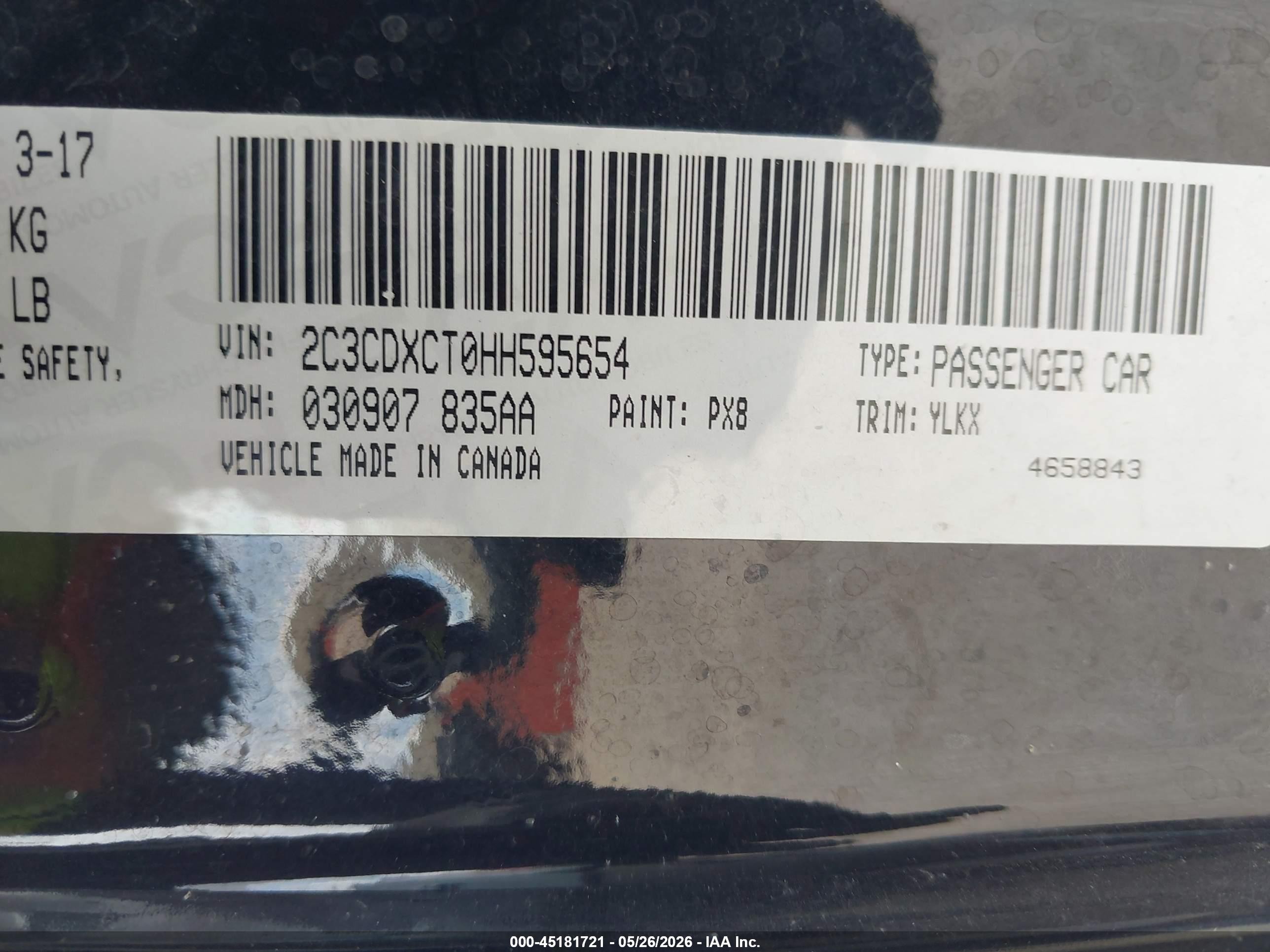 2017 Dodge Charger VIN 2C3CDXCT0HH595654 IAAI salvage auction — Front & Rear, Original (Texas), sold $5,200 on 2026-07-11 (photo 9)