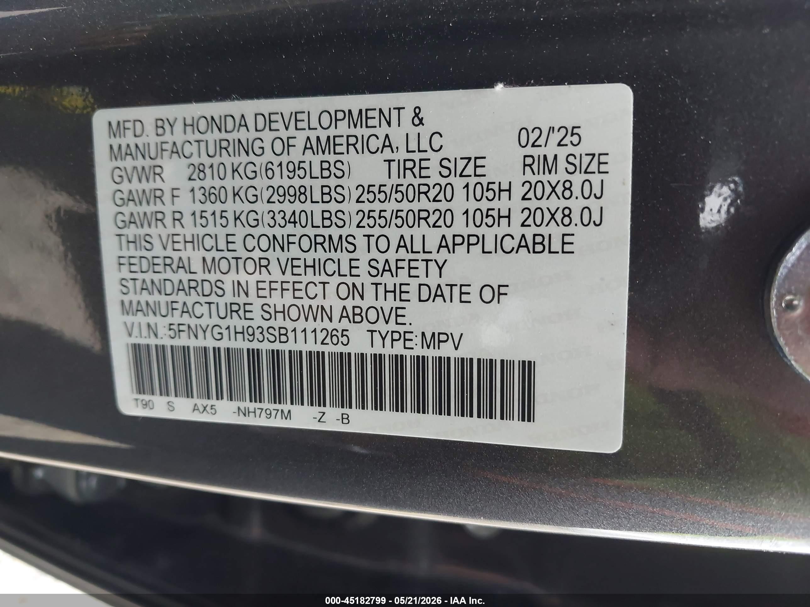 2025 Honda Pilot VIN 5FNYG1H93SB111265 IAAI salvage auction — Rear End, Original (Texas), sold $17,500 on 2026-09-19 (photo 9)