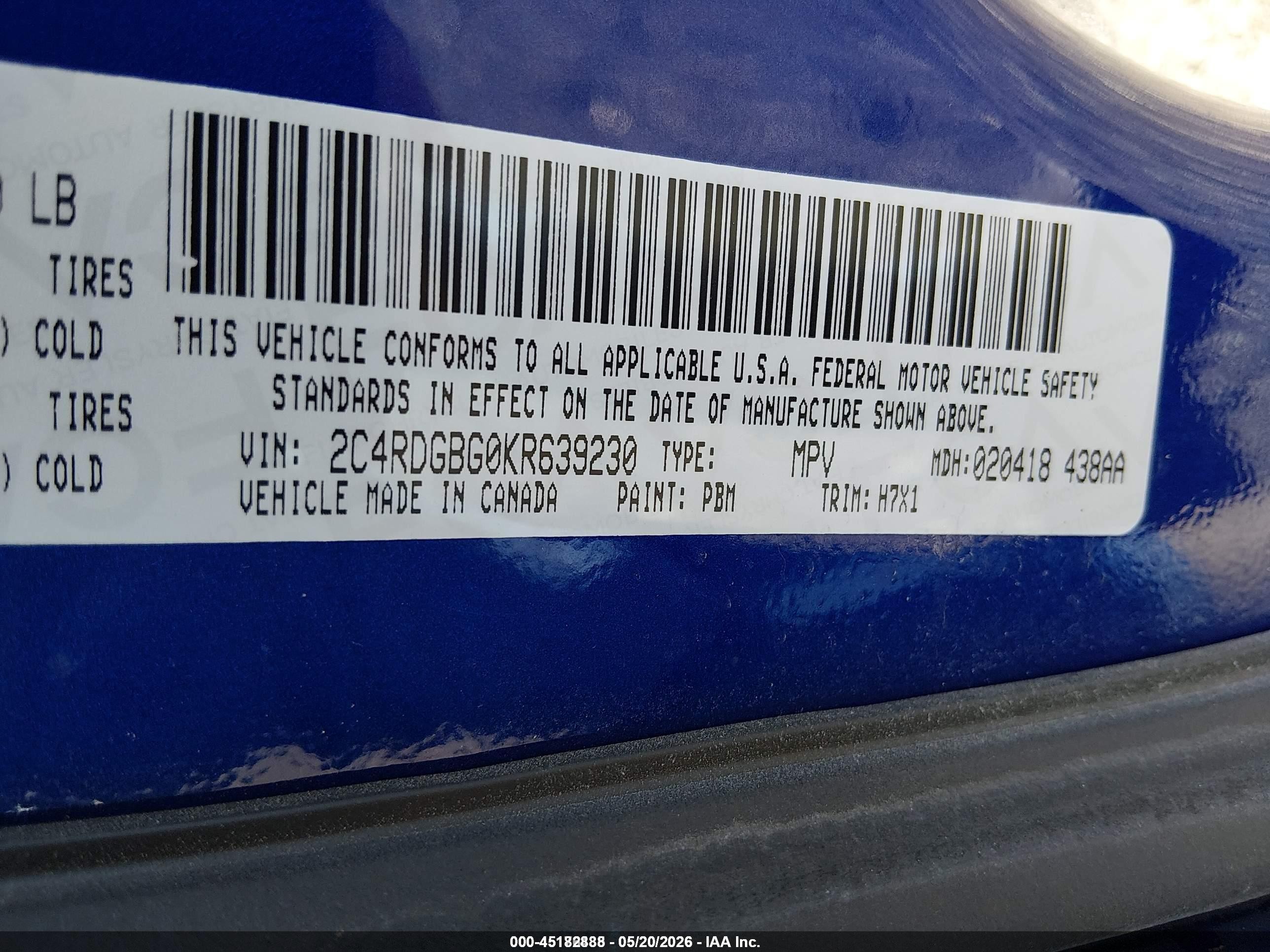 2019 Dodge Grand Caravan VIN 2C4RDGBG0KR639230 IAAI salvage auction — Hail, Sf97 (Iowa), sold $9,700 on 2026-07-09 (photo 9)