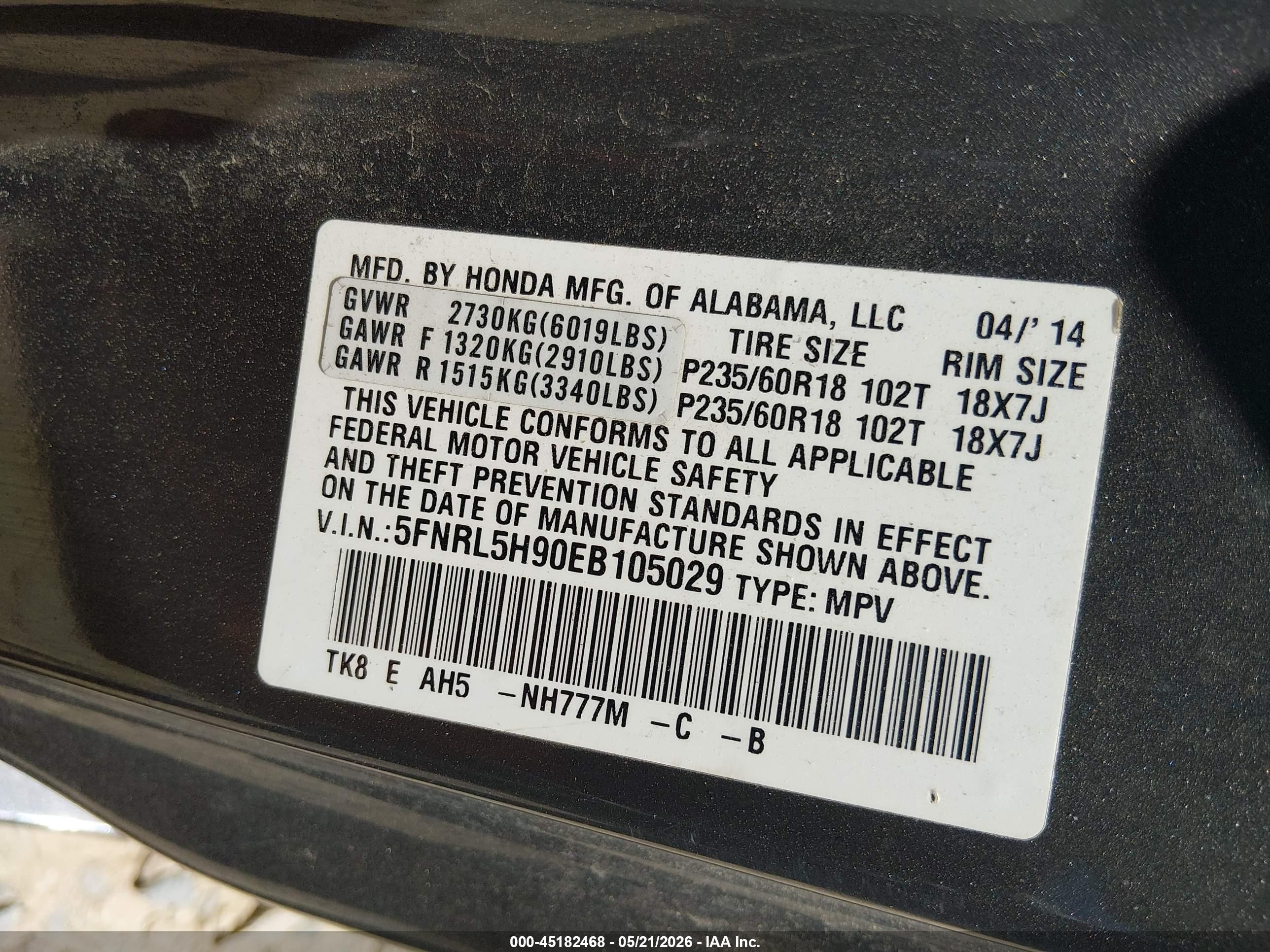 2014 Honda Odyssey VIN 5FNRL5H90EB105029 IAAI salvage auction — Front End, Salvage (North Carolina), sold $1,500 on 2026-07-12 (photo 9)