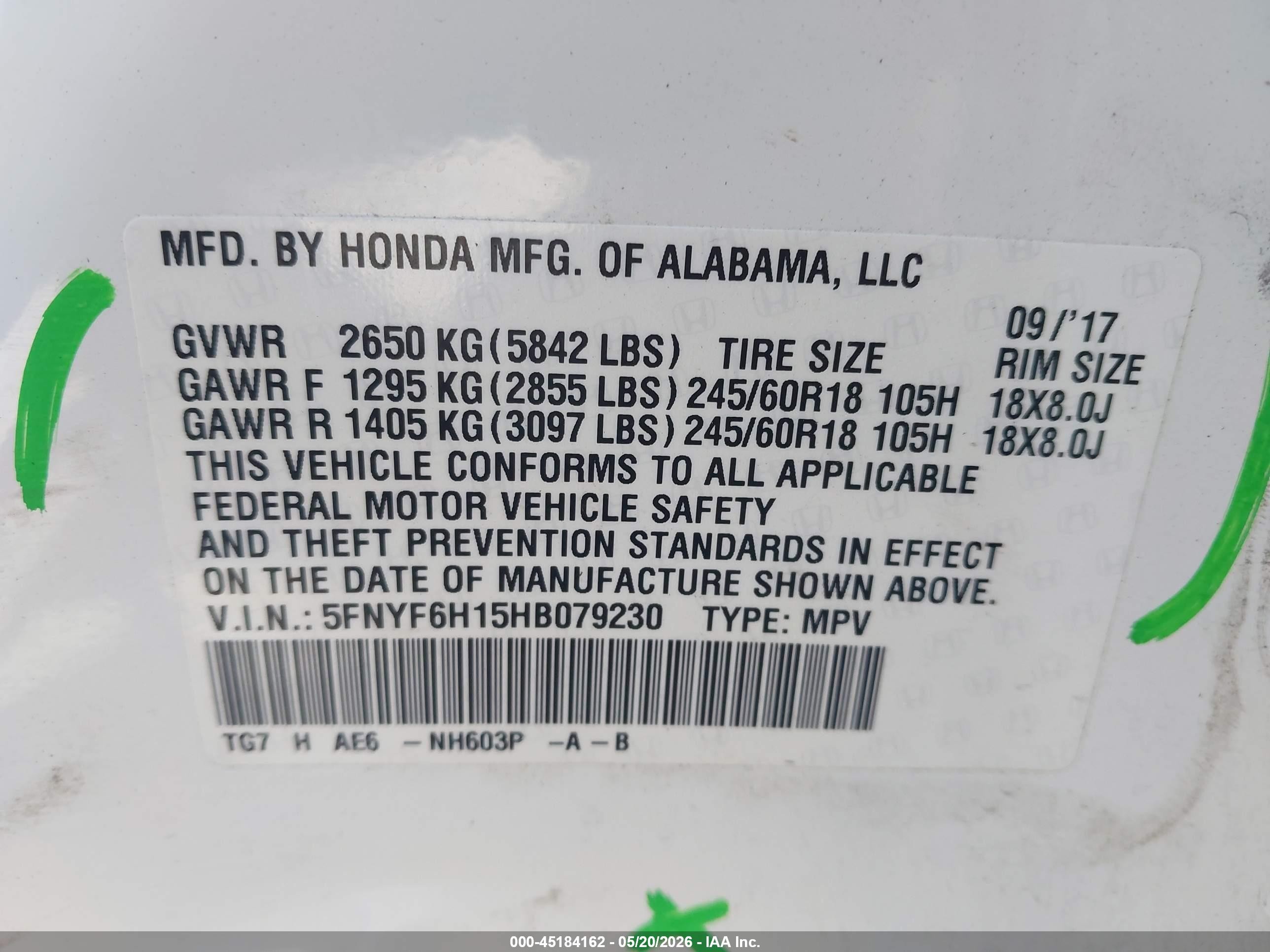 2017 Honda Pilot VIN 5FNYF6H15HB079230 IAAI salvage auction — Side, Salvage (Oregon), sold $4,150 on 2026-07-03 (photo 9)