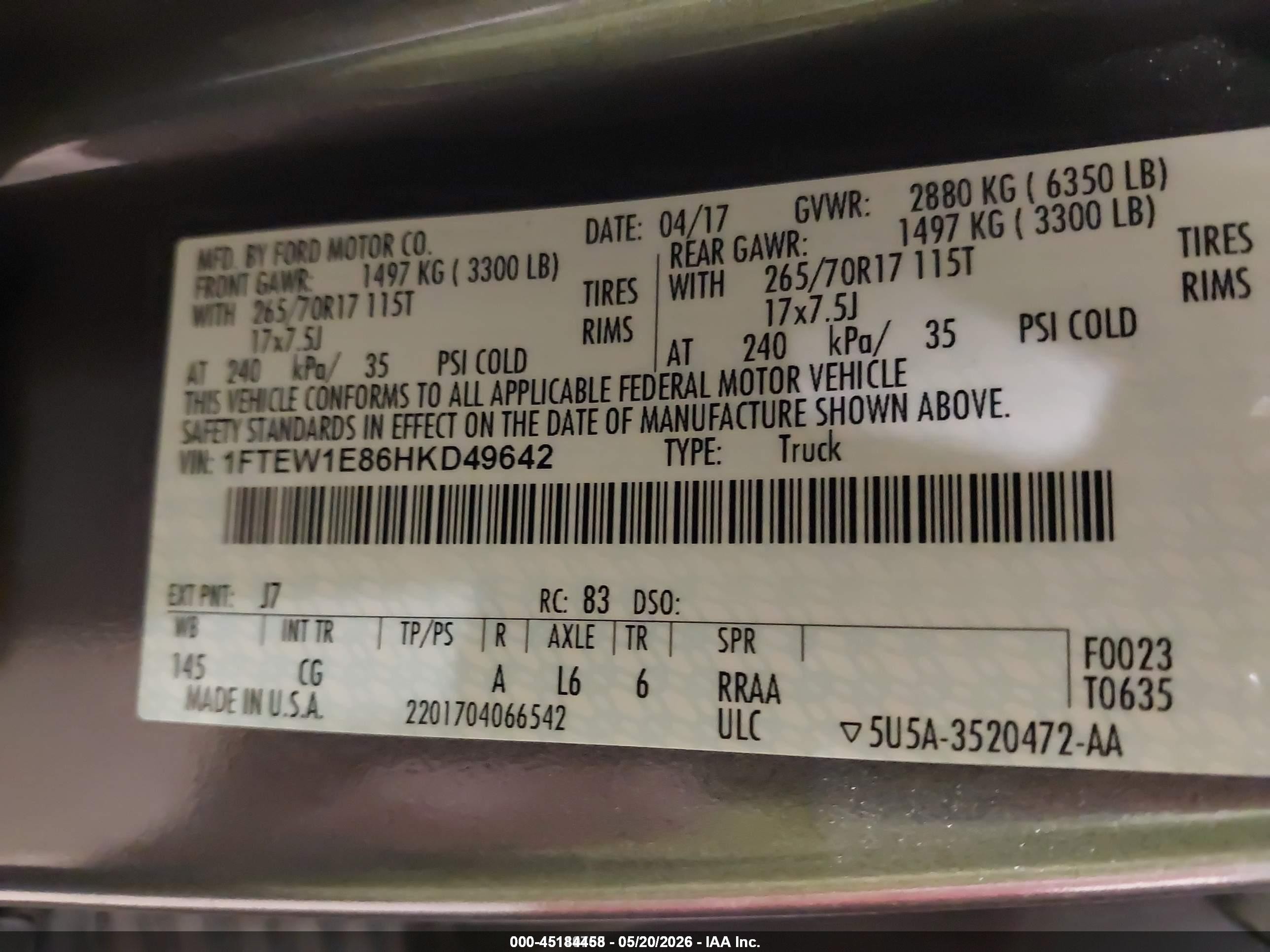 2017 Ford F-150 VIN 1FTEW1E86HKD49642 IAAI salvage auction — Normal Wear, SF97 (South Dakota), sold $18,950 on 2026-07-09 (photo 9)
