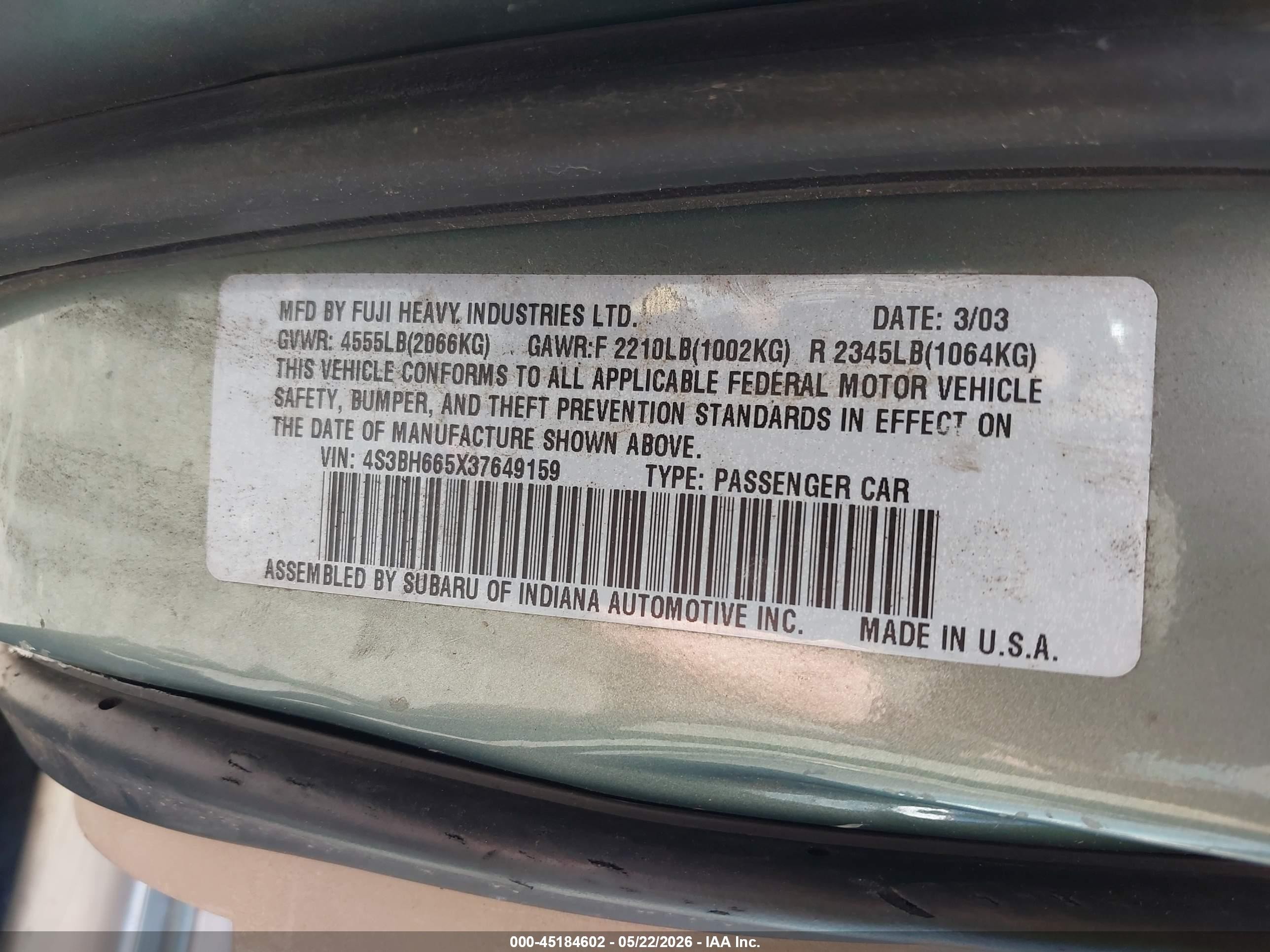 2003 Subaru Outback VIN 4S3BH665X37649159 IAAI salvage auction — Side, Salvage (Oregon), sold $300 on 2026-07-09 (photo 9)
