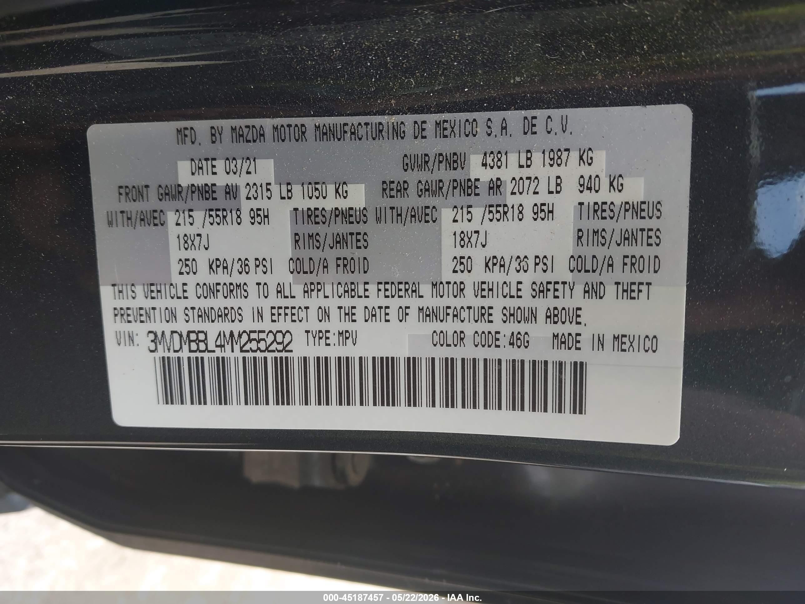 2021 Mazda CX-30 VIN 3MVDMBBL4MM255292 IAAI salvage auction — Front End, Original (Texas), sold $4,000 on 2026-07-11 (photo 9)