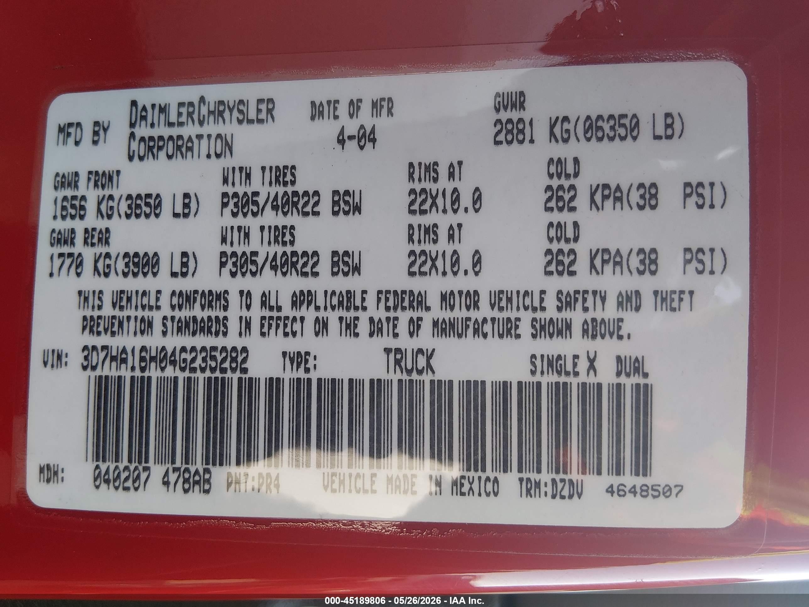 2004 Dodge Ram 1500 VIN 3D7HA16H04G235282 IAAI salvage auction — Unknown, Original (Texas), sold $32,750 on 2026-08-27 (photo 9)
