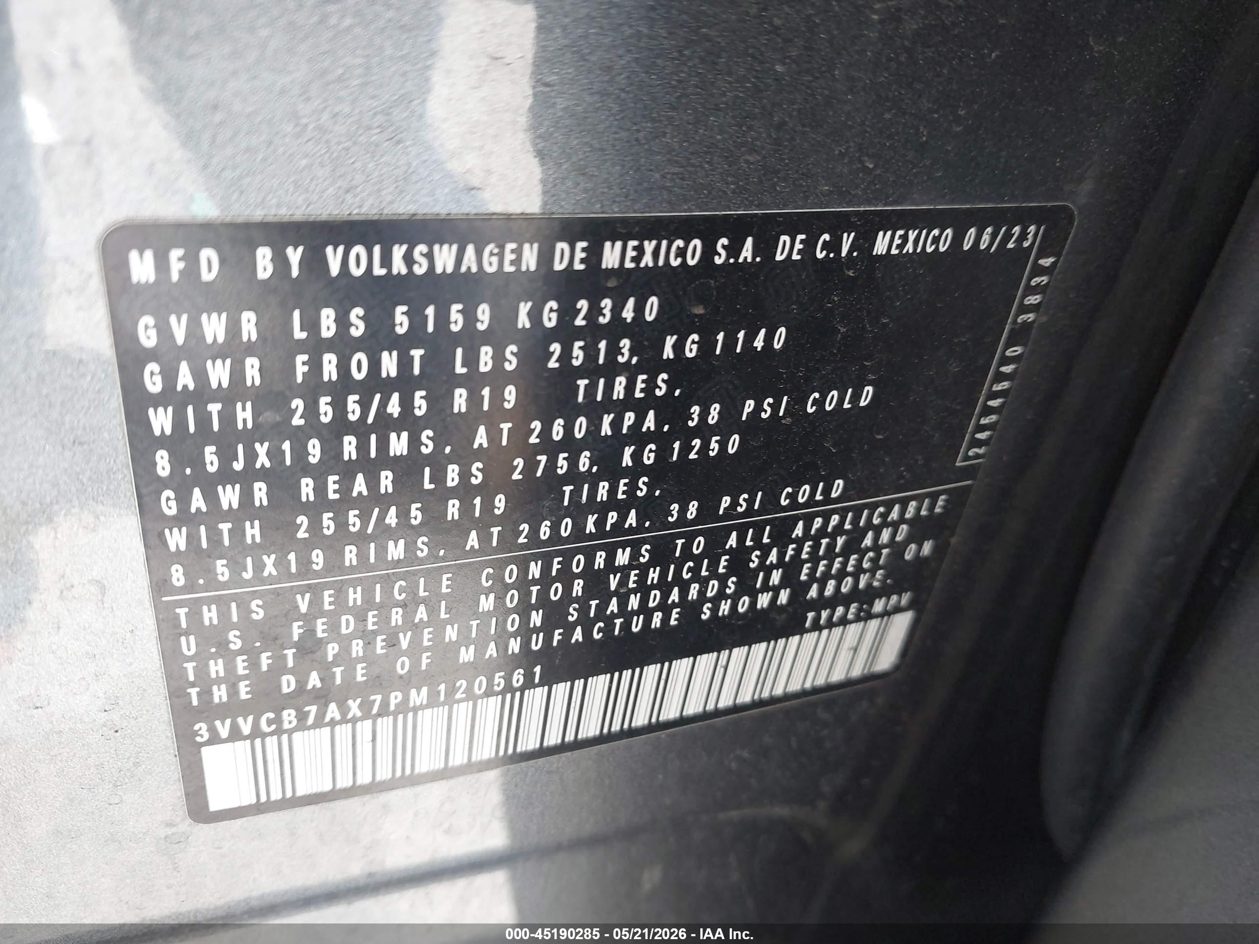 2023 Volkswagen Tiguan VIN 3VVCB7AX7PM120561 IAAI salvage auction — Front End, Salvage (California), sold $2,750 on 2026-07-09 (photo 9)