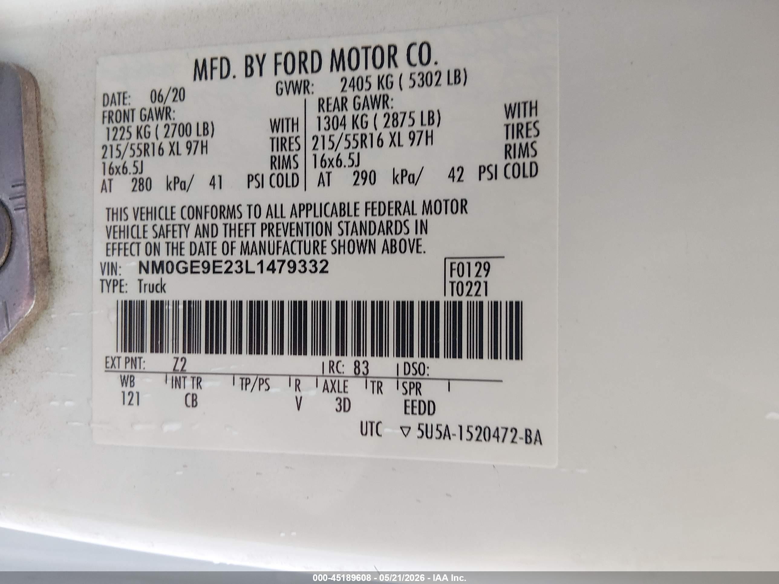 2020 Ford Transit Connect VIN NM0GE9E23L1479332 IAAI salvage auction — Unknown, SF97 (Oklahoma), sold $11,700 on 2026-07-09 (photo 9)