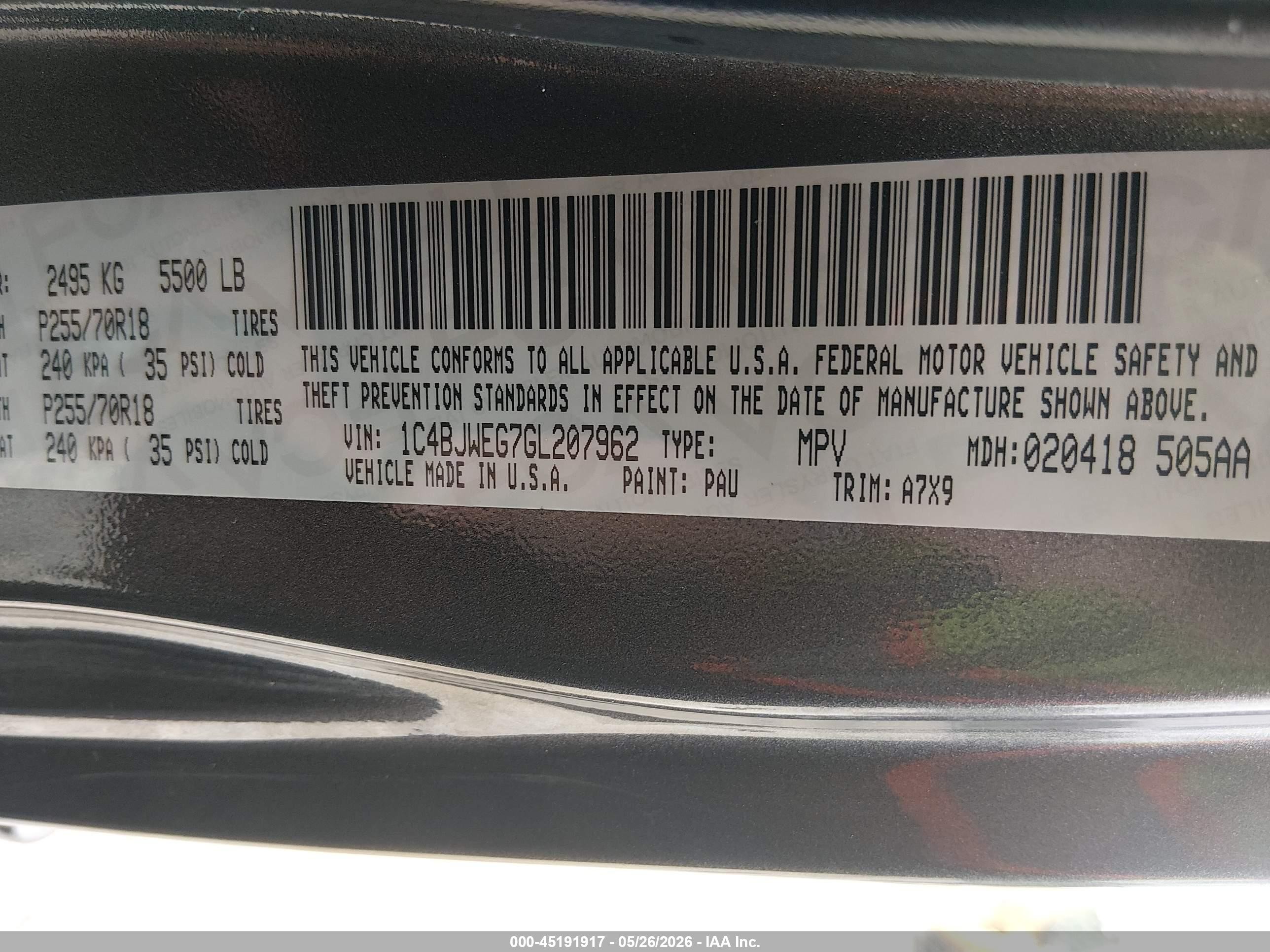 2016 Jeep Wrangler / VIN 1C4BJWEG7GL207962 IAAI salvage auction — Front & Rear, Salvage (Kentucky), sold $4,600 on 2026-09-08 (photo 9)