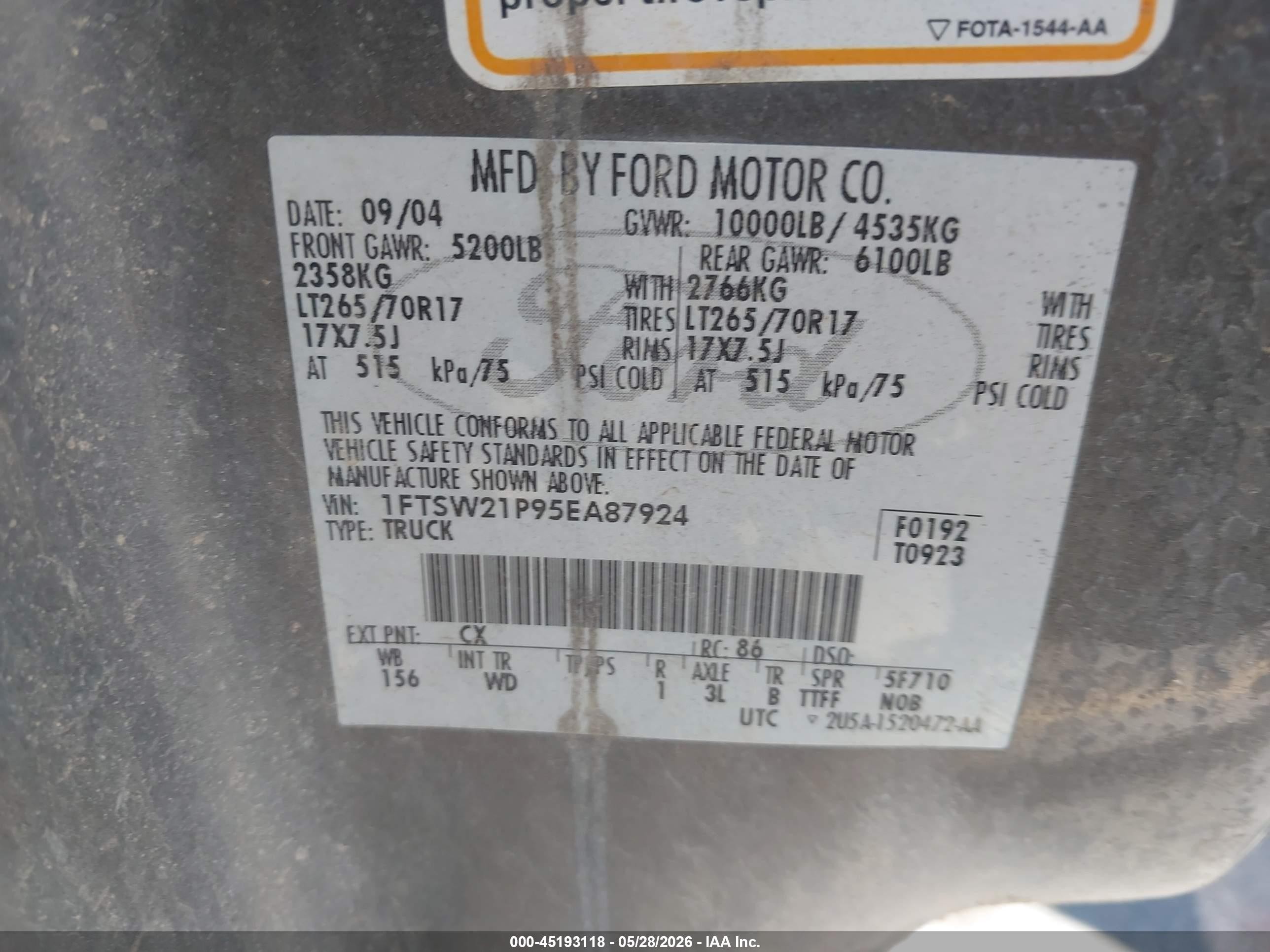 2005 Ford F-250 VIN 1FTSW21P95EA87924 IAAI salvage auction — Front & Rear, Salvage (Texas), sold $375 on 2026-07-02 (photo 9)