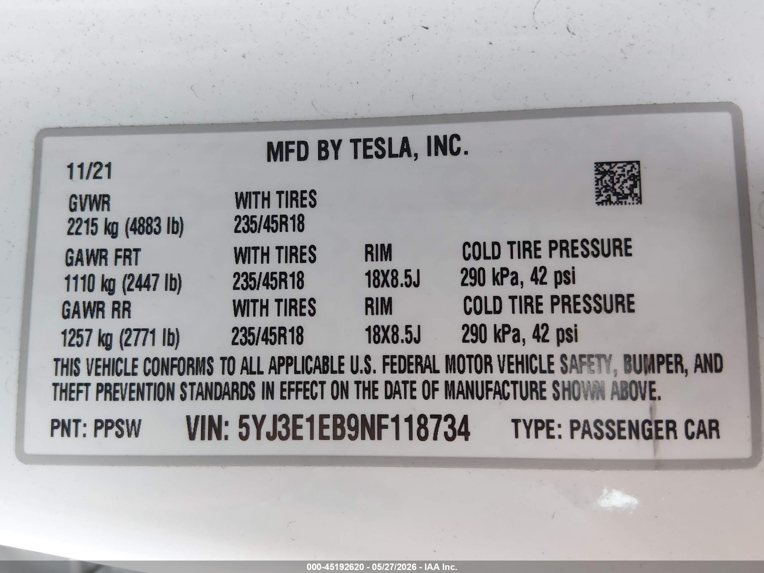 2022 Tesla Model 3 VIN 5YJ3E1EB9NF118734 IAAI salvage auction — Rear End, Original (Texas), sold $10,100 on 2026-07-03 (photo 9)
