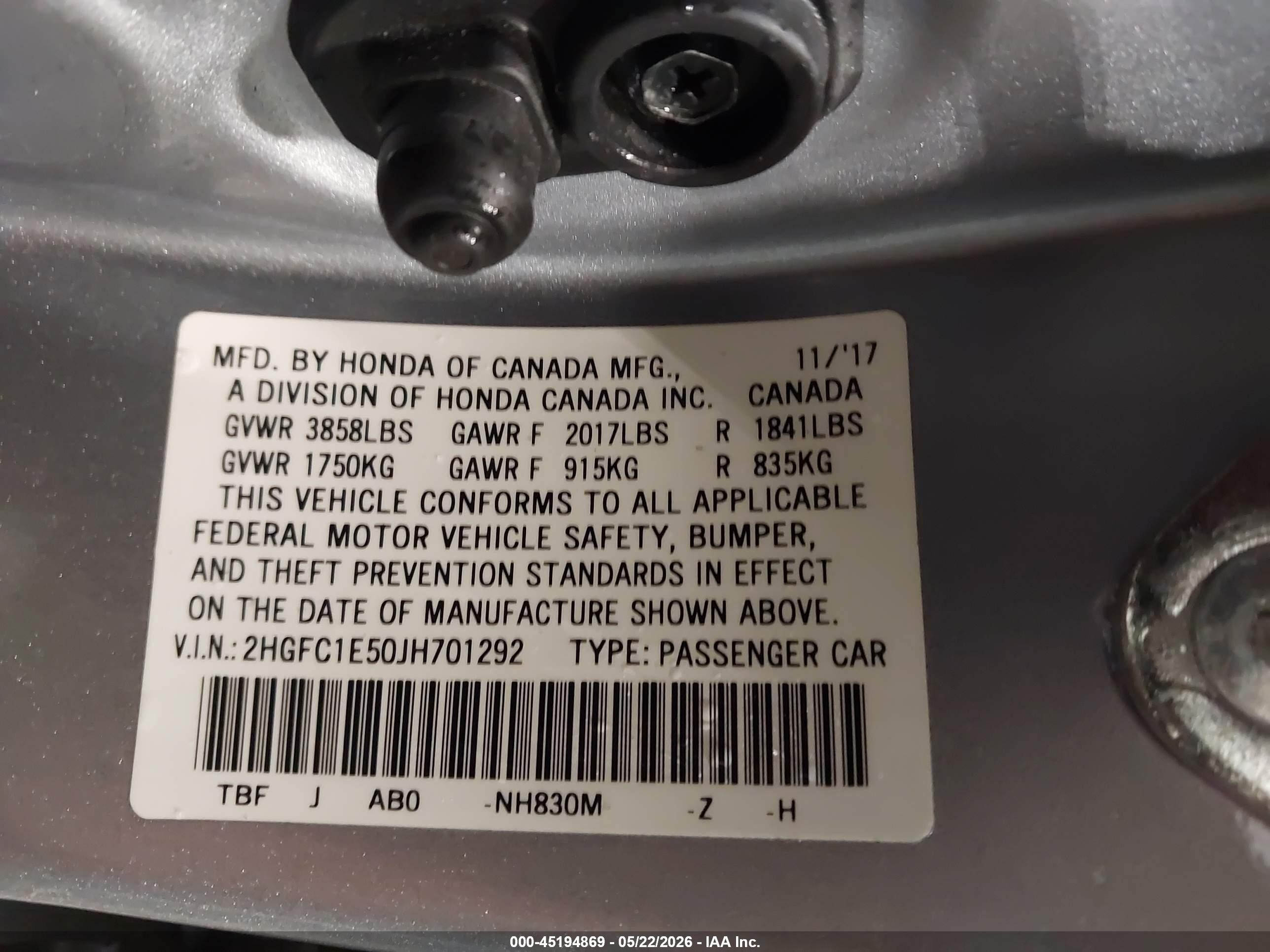 2018 Honda Civic VIN 2HGFC1E50JH701292 IAAI salvage auction — Front End, Certificate Of Title (Nebraska), sold $4,500 on 2026-07-06 (photo 9)