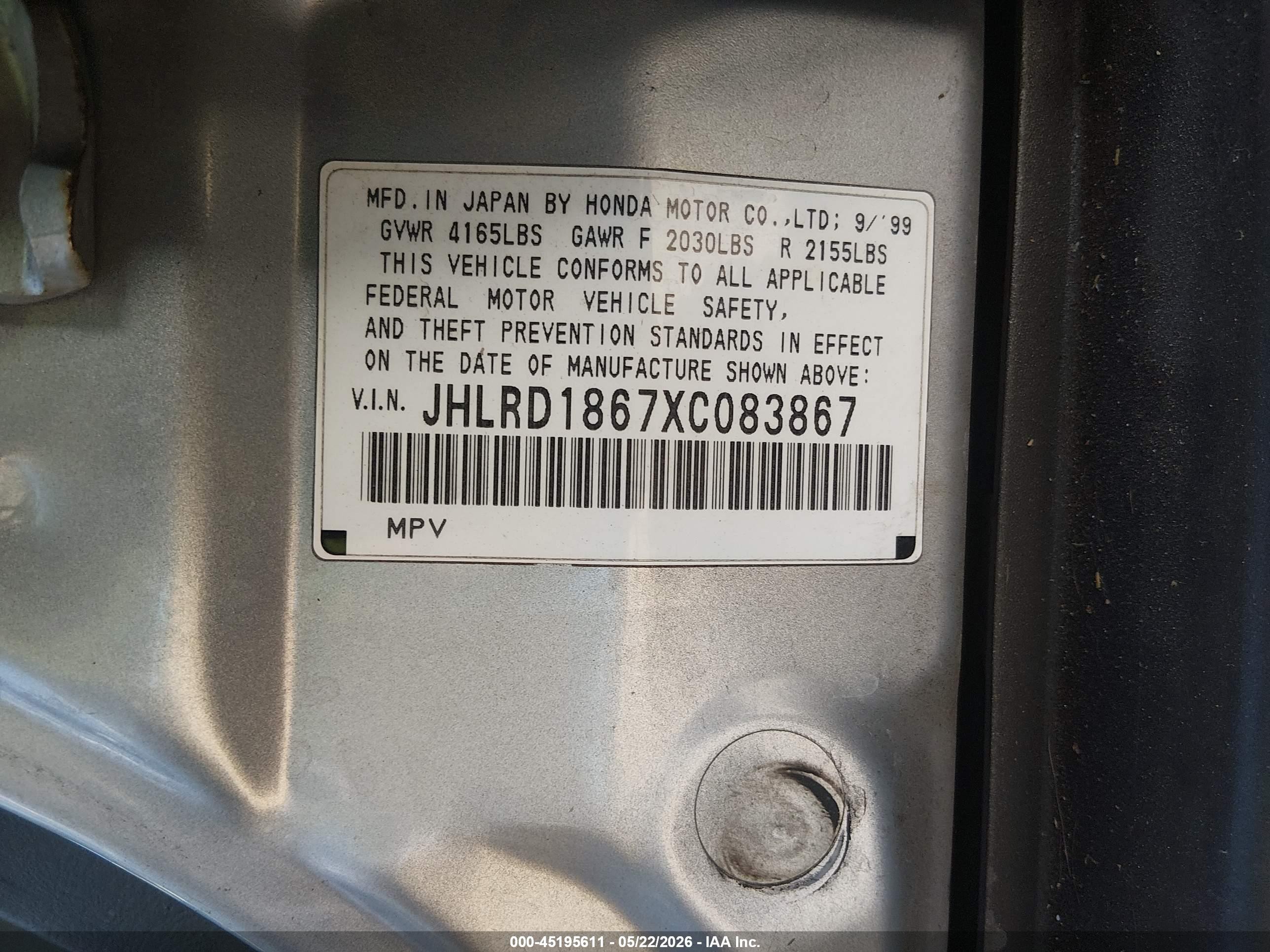 1999 Honda CR-V VIN JHLRD1867XC083867 IAAI salvage auction — Front End, Salvage (Arizona), sold $250 on 2026-07-04 (photo 9)