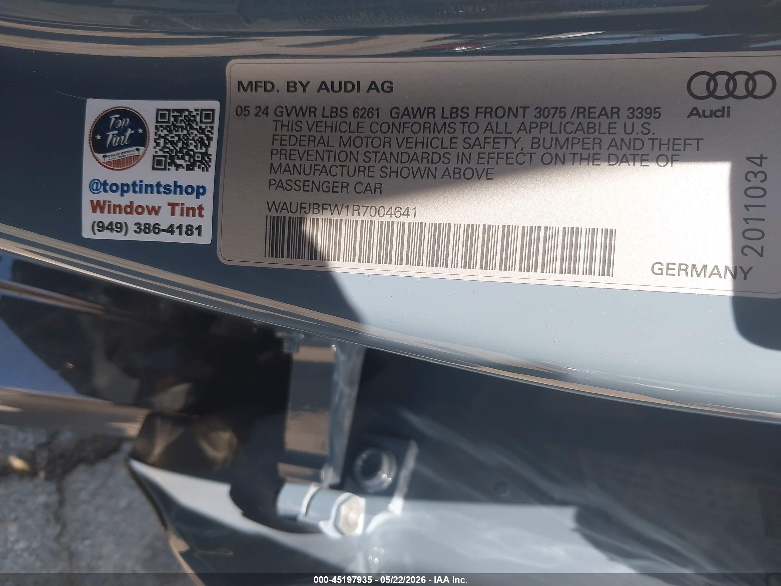 2024 Audi E-tron gt VIN WAUFJBFW1R7004641 IAAI salvage auction — Side, Salvage (California), sold $29,450 on 2026-08-10 (photo 9)