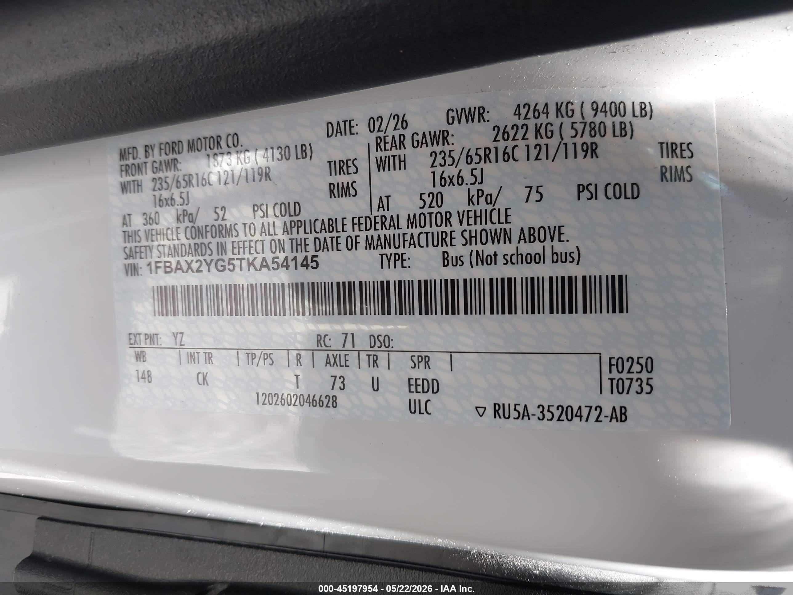 2026 Ford Transit-350 VIN 1FBAX2YG5TKA54145 IAAI salvage auction — Rear End, Clear (Florida), sold $27,500 on 2026-07-08 (photo 9)