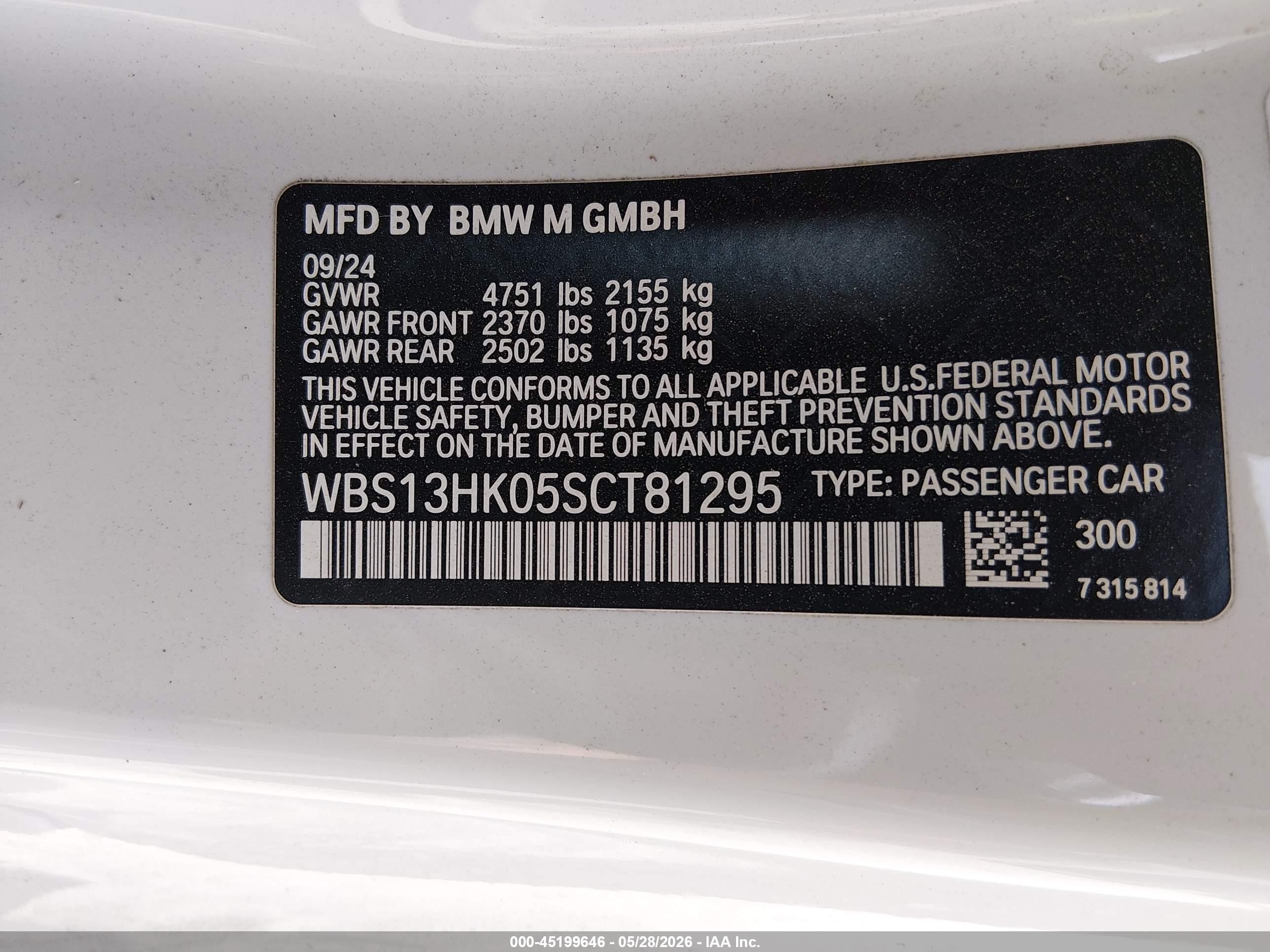 2025 BMW M4 VIN WBS13HK05SCT81295 IAAI salvage auction — Rear End, Salvage (Idaho), sold $34,250 on 2026-08-29 (photo 9)
