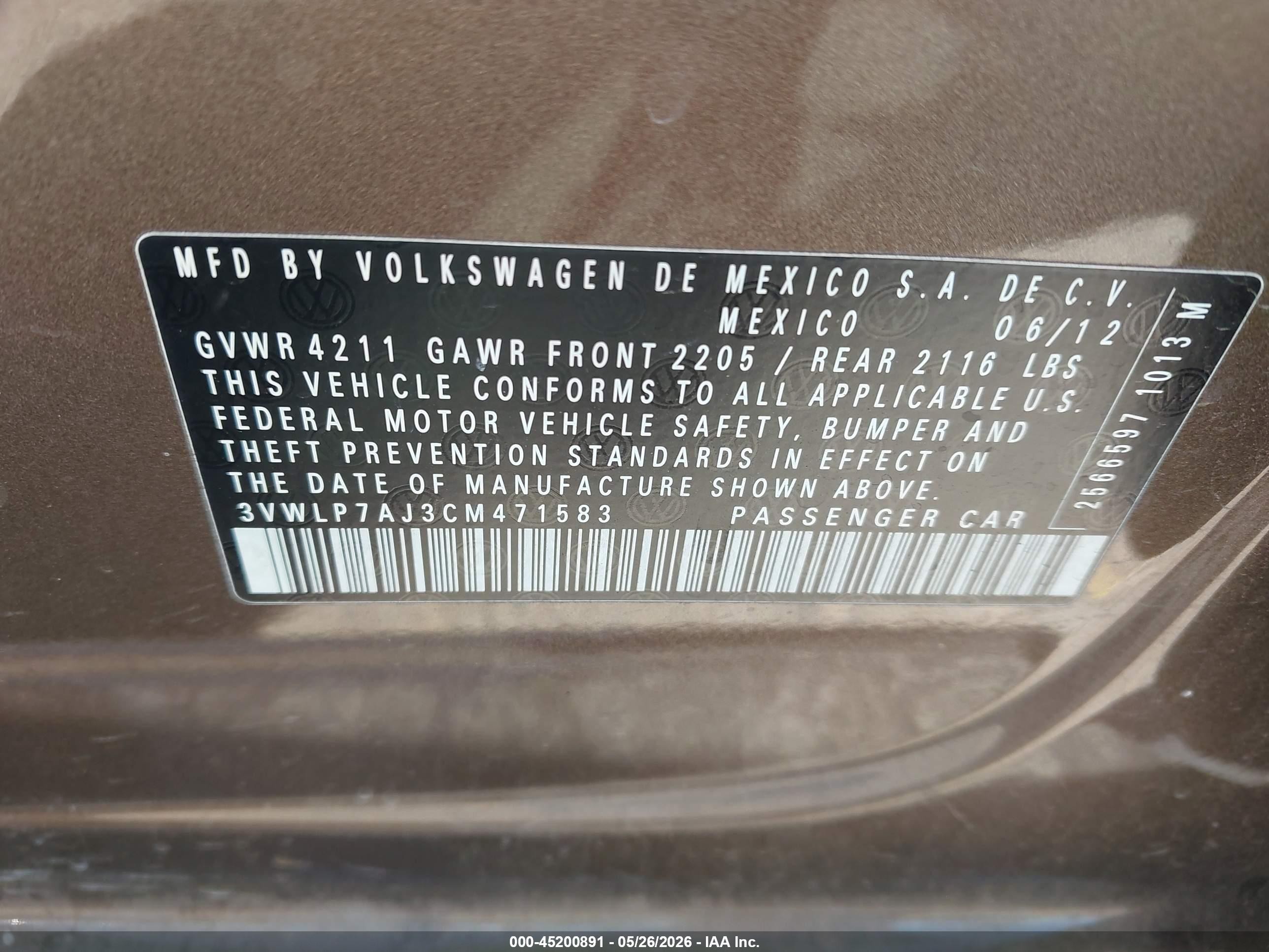 2012 Volkswagen Jetta VIN 3VWLP7AJ3CM471583 IAAI salvage auction — Side, Salvage (Arizona), sold $1,000 on 2026-07-09 (photo 9)