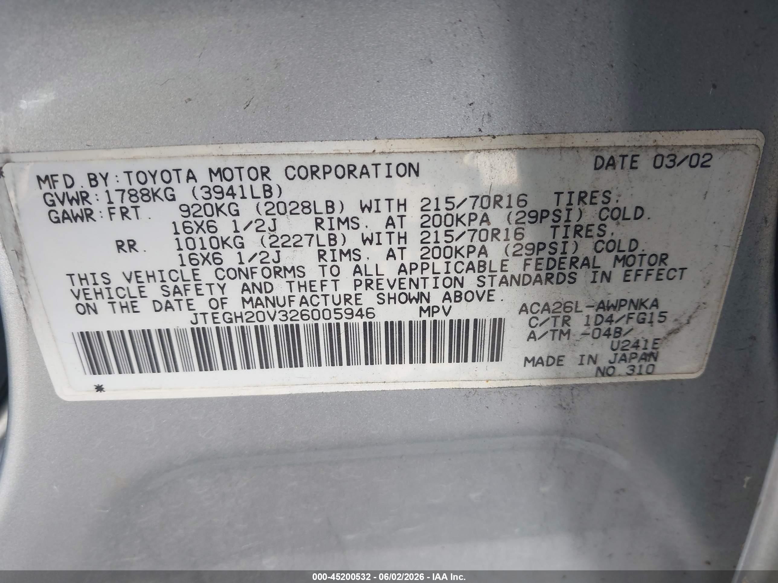 2002 Toyota RAV4 VIN JTEGH20V326005946 IAAI salvage auction — Normal Wear, Salvage (California), sold $1,700 on 2026-07-06 (photo 9)
