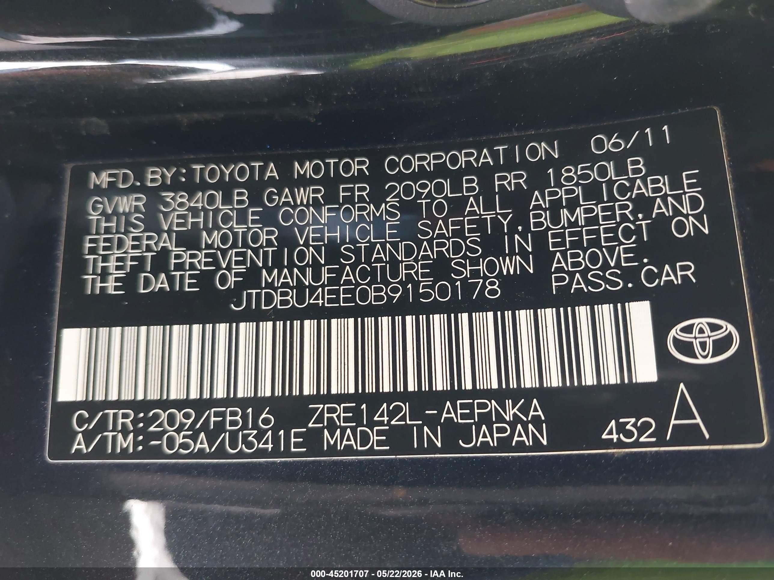 2011 Toyota Corolla VIN JTDBU4EE0B9150178 IAAI salvage auction — Front & Rear, Salvage (California), sold $1,750 on 2026-10-08 (photo 9)