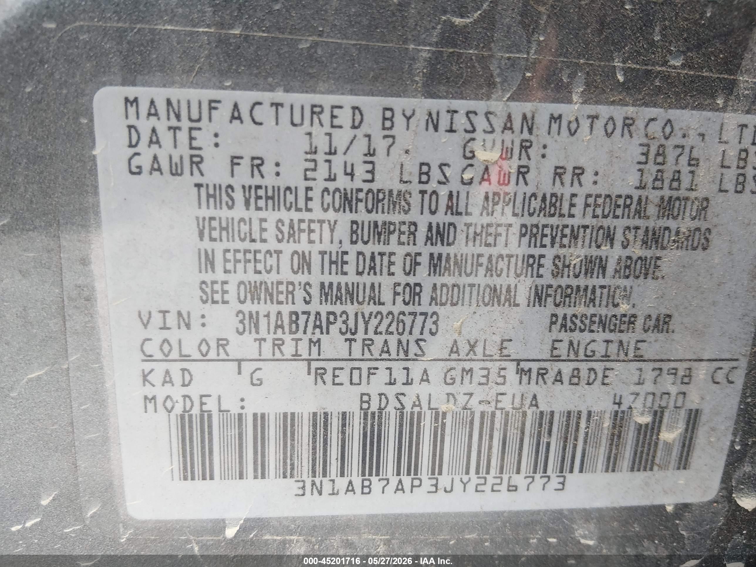 2018 Nissan Sentra VIN 3N1AB7AP3JY226773 IAAI salvage auction — Normal Wear, Salvage (California), sold $1,875 on 2026-07-07 (photo 9)