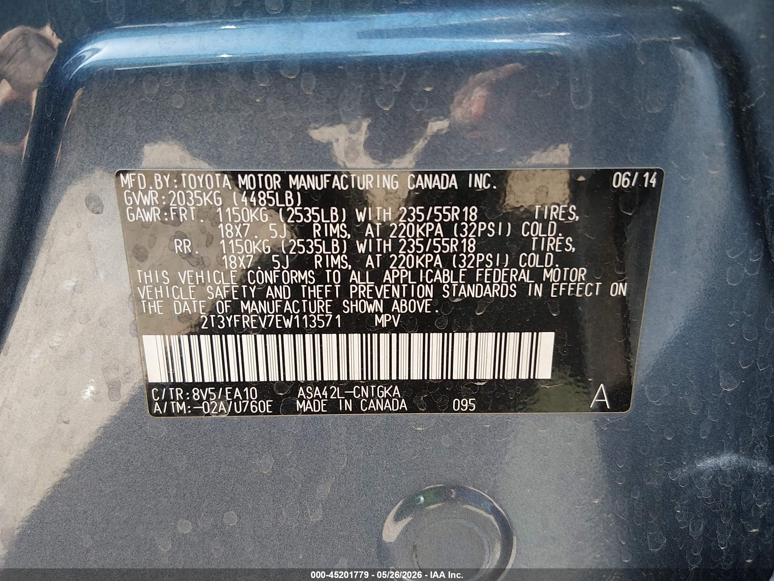 2014 Toyota RAV4 VIN 2T3YFREV7EW113571 IAAI salvage auction — Rear End, Salvage (Arizona), sold $5,500 on 2026-07-09 (photo 9)