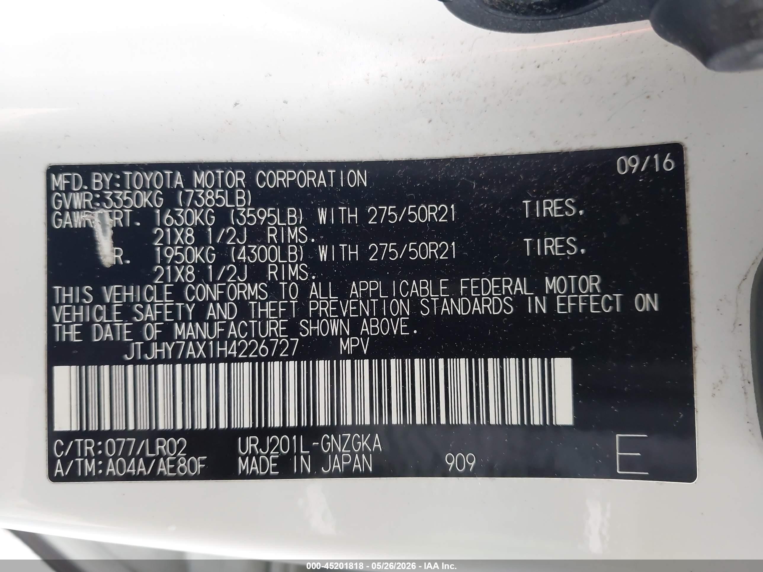 2017 Lexus LX 570 VIN JTJHY7AX1H4226727 IAAI salvage auction — Front End, Bill Of Sale (Washington), sold $33,250 on 2026-08-16 (photo 9)