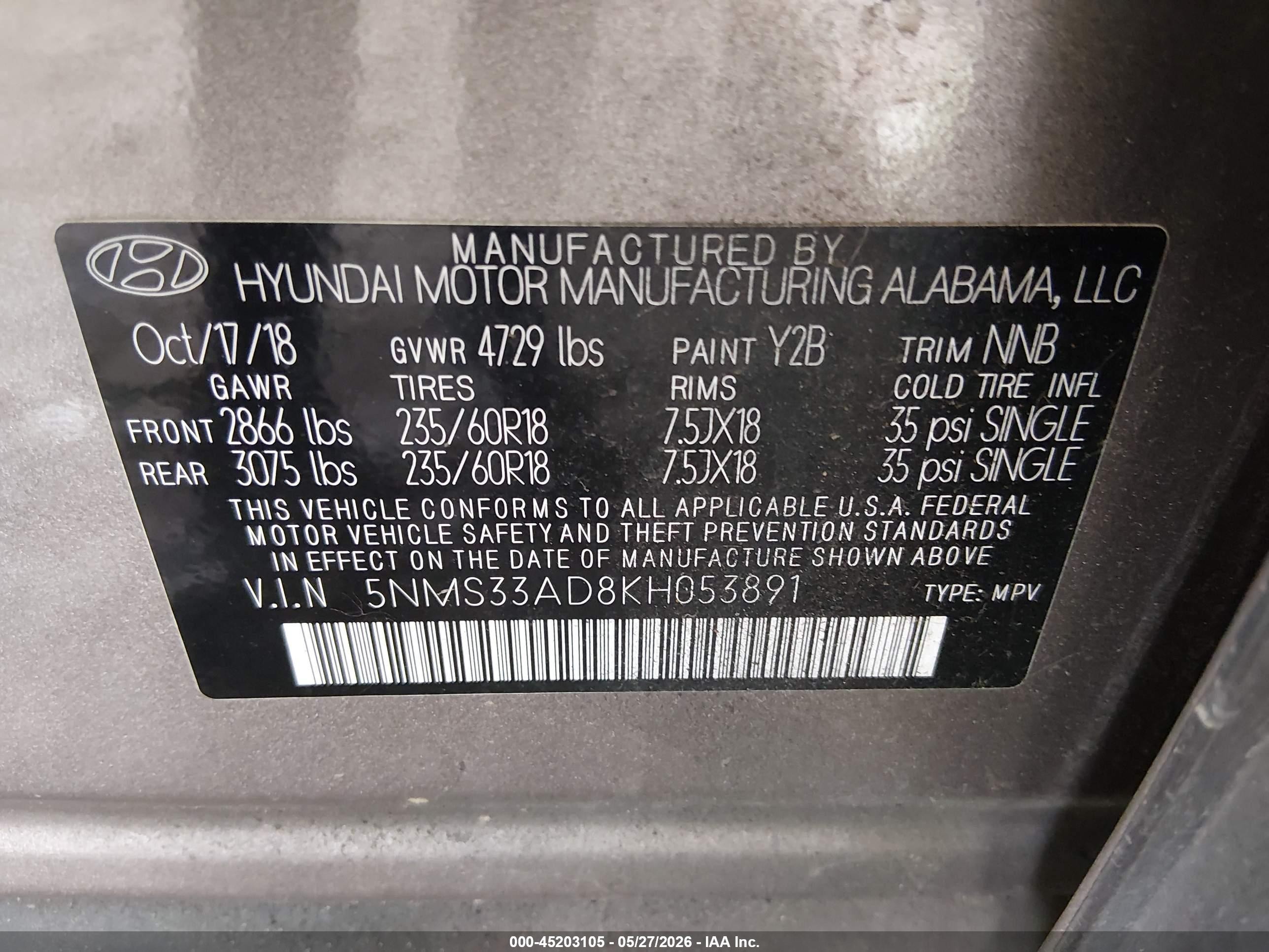 2019 Hyundai Santa Fe VIN 5NMS33AD8KH053891 IAAI salvage auction — Side, Salvage (Texas), sold $4,150 on 2026-07-11 (photo 9)