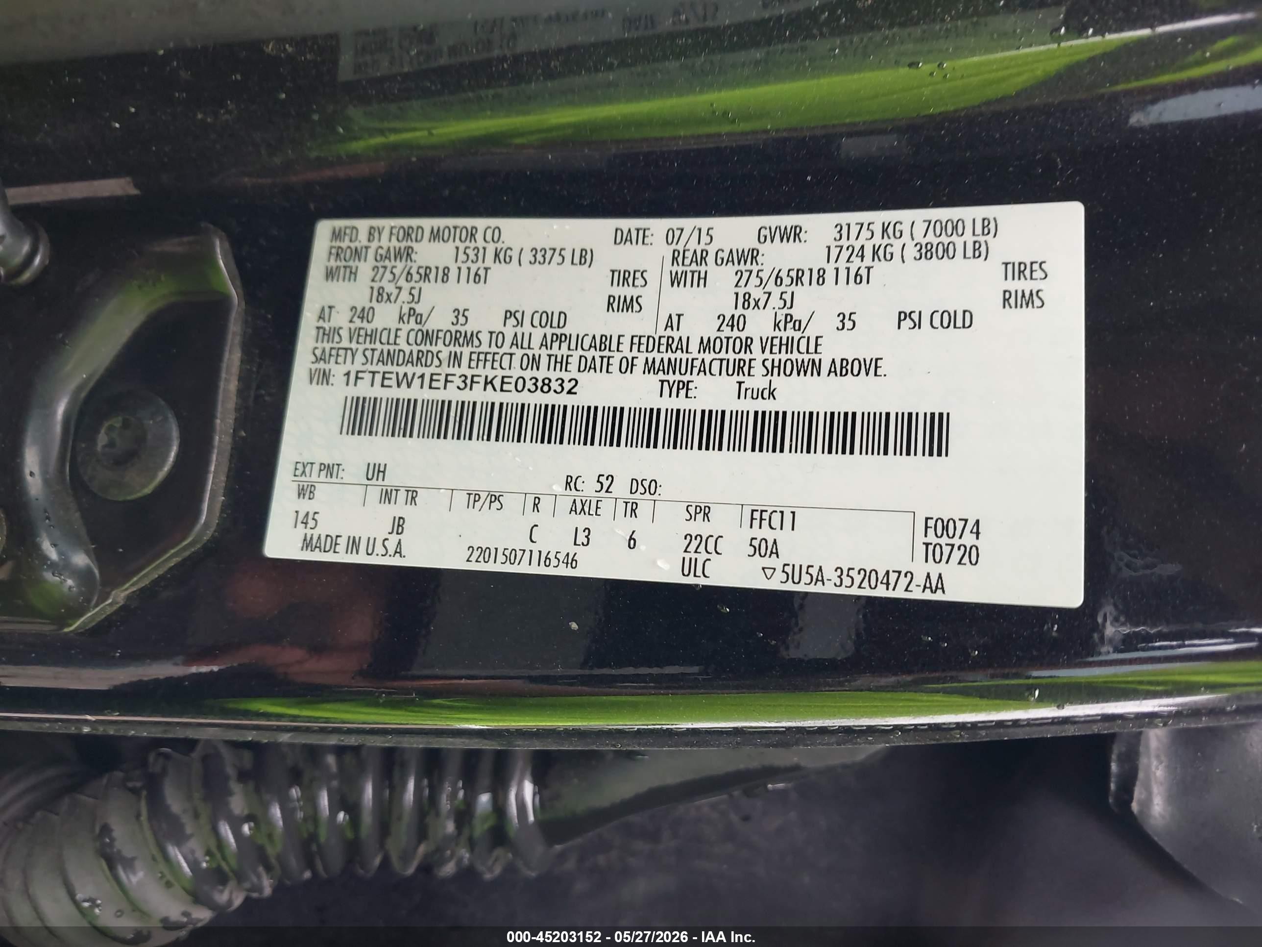 2015 Ford F-150 VIN 1FTEW1EF3FKE03832 IAAI salvage auction — Front End, Original (Texas), sold $3,800 on 2026-07-08 (photo 9)
