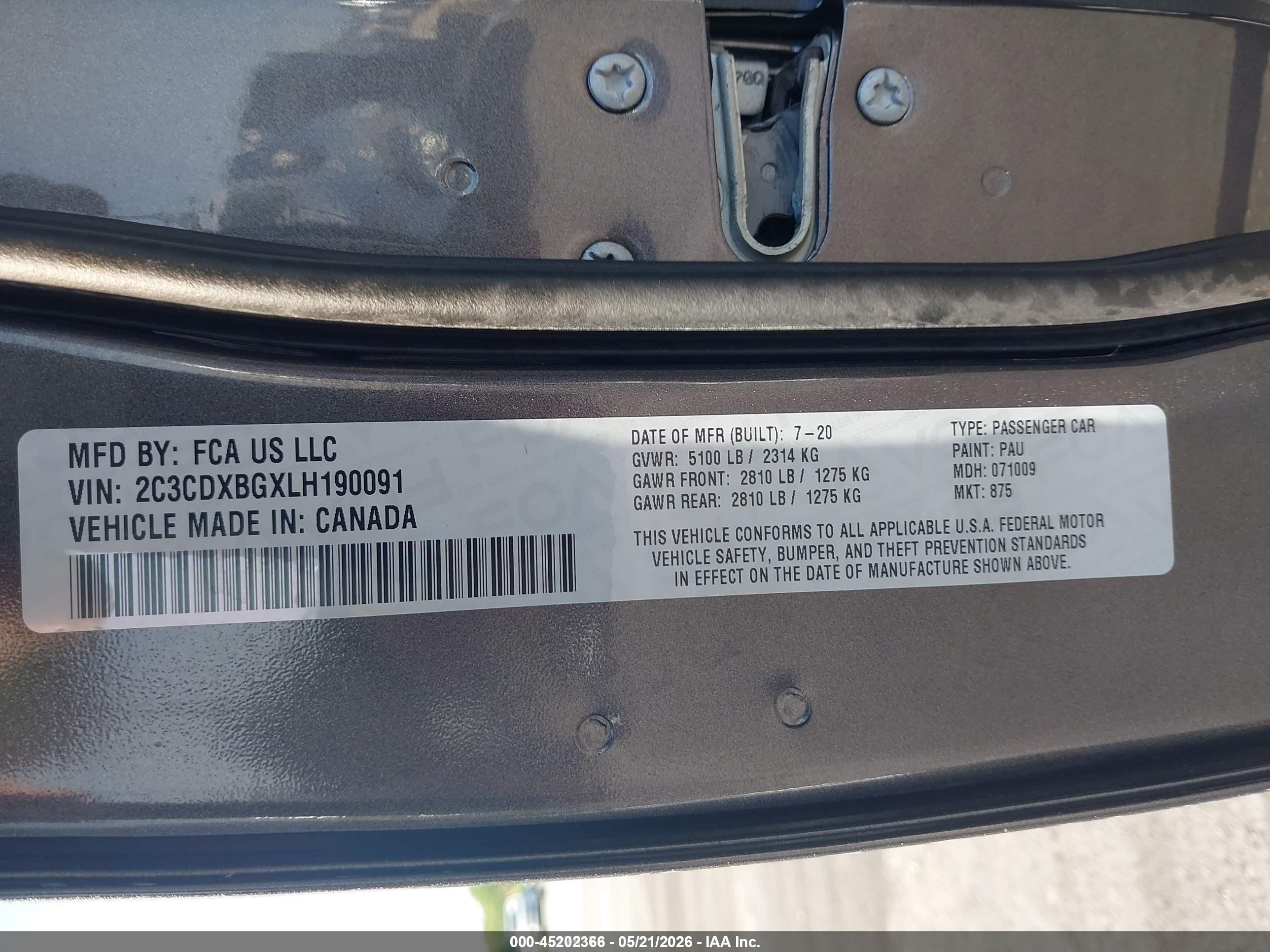 2020 Dodge Charger VIN 2C3CDXBGXLH190091 IAAI salvage auction — Normal Wear, Sf97 (Washington), sold $17,025 on 2026-07-09 (photo 9)
