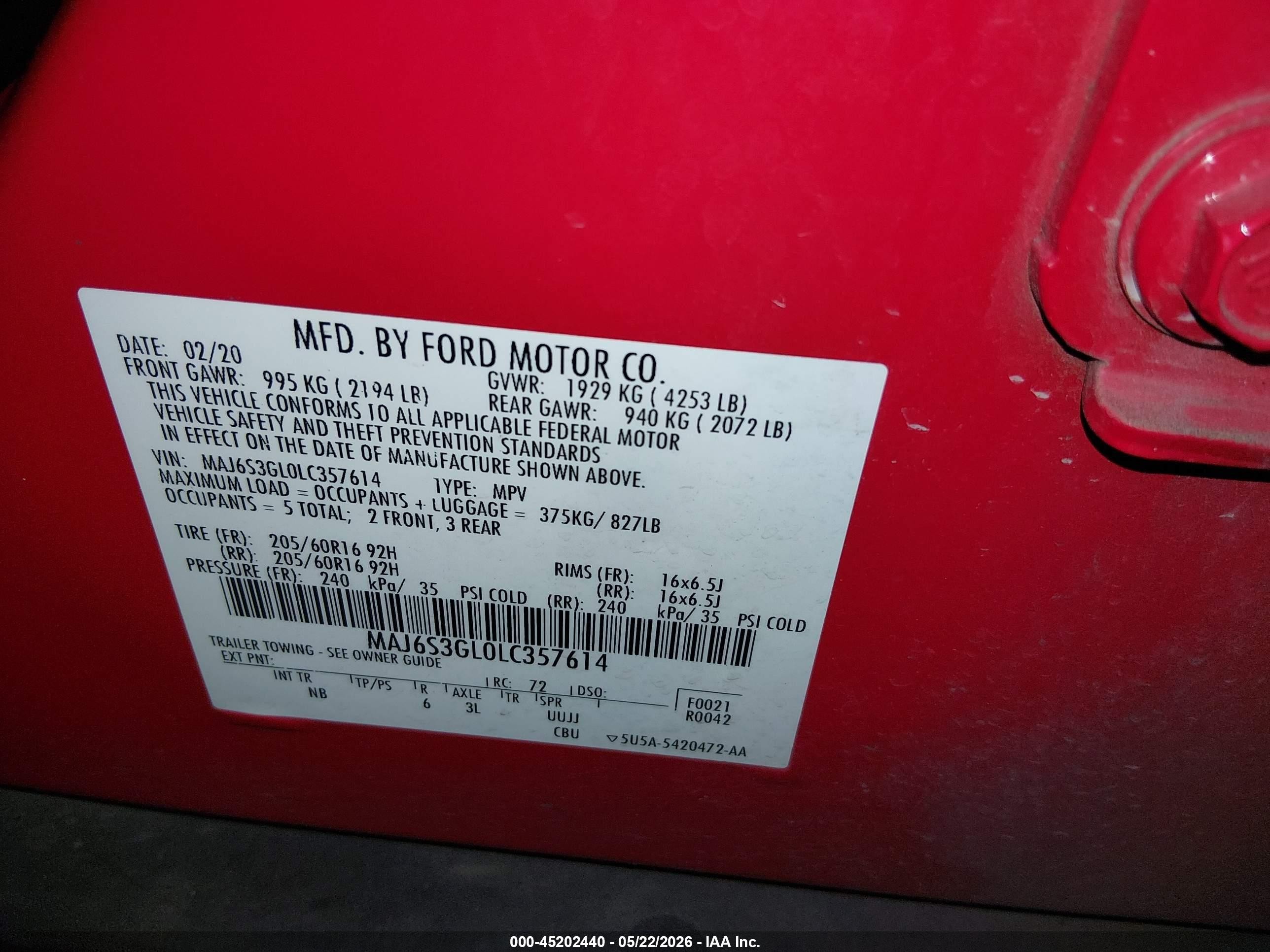 2020 Ford EcoSport VIN MAJ6S3GL0LC357614 IAAI salvage auction — Rear End, Salvage (Oregon), sold $1,100 on 2026-07-09 (photo 9)