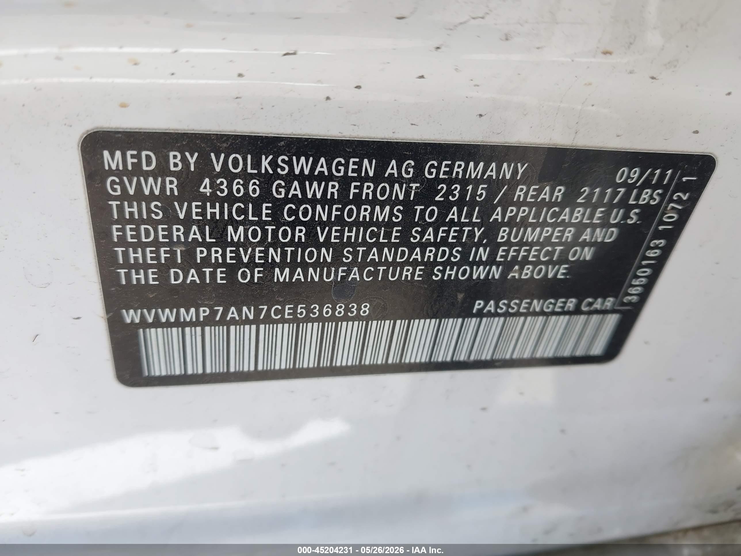 2012 Volkswagen CC VIN WVWMP7AN7CE536838 IAAI salvage auction — Side, Salvage (Arizona), sold $475 on 2026-07-09 (photo 9)