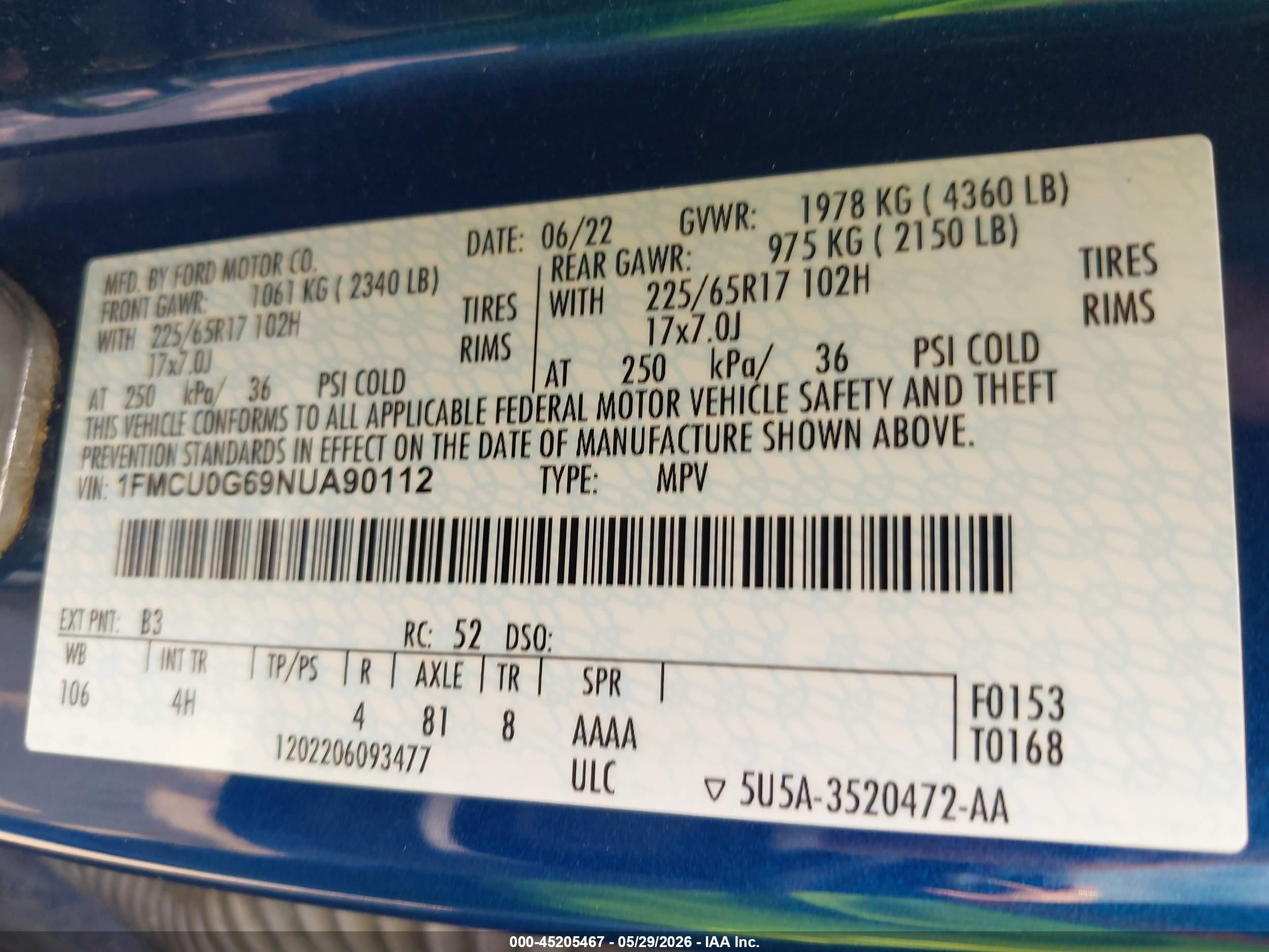 2022 Ford Escape VIN 1FMCU0G69NUA90112 IAAI salvage auction — Hail, Original (Texas), sold $2,750 on 2026-09-02 (photo 9)