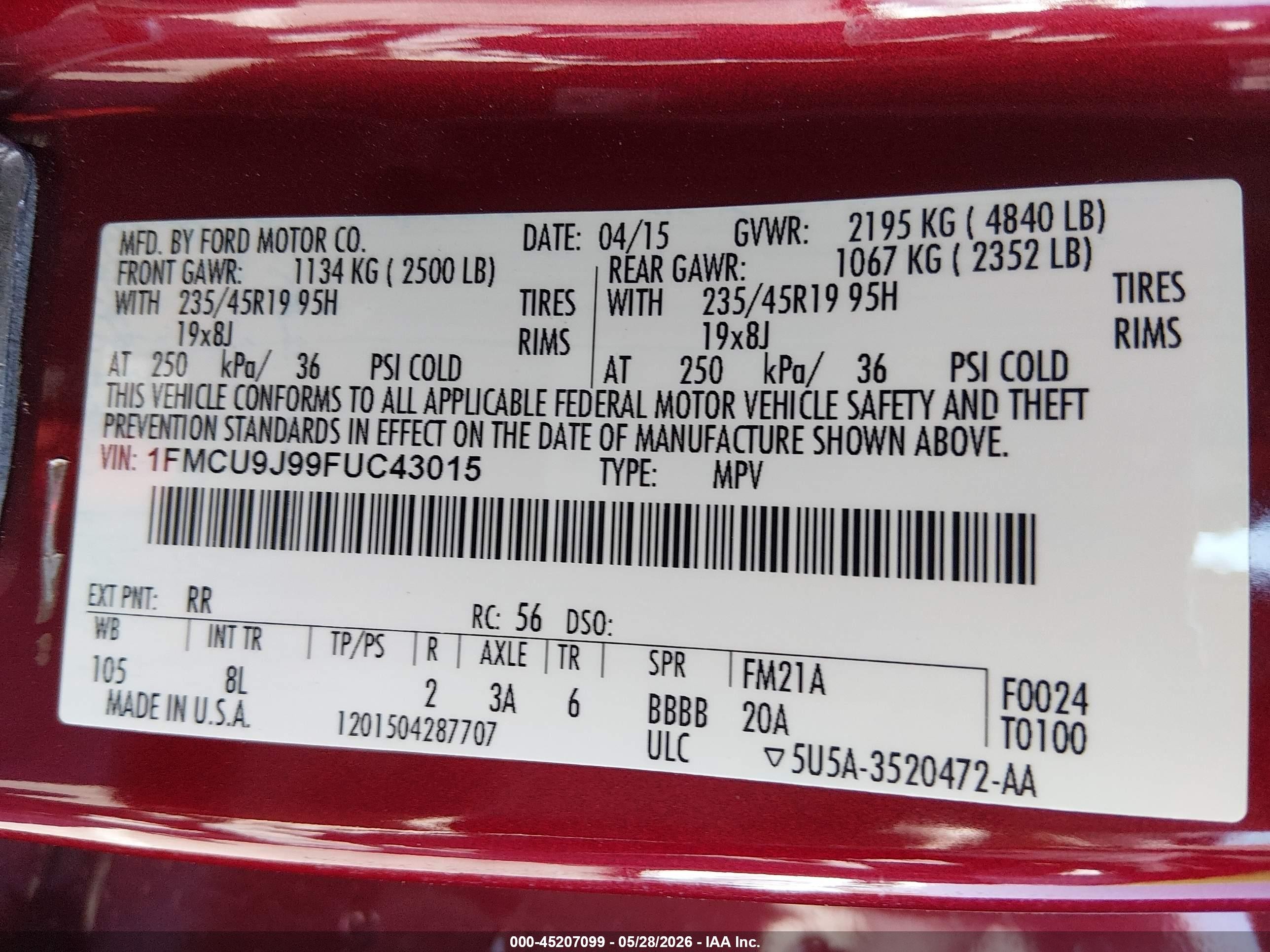 2015 Ford Escape VIN 1FMCU9J99FUC43015 IAAI salvage auction — Side, Salvage (Utah), sold $1,800 on 2026-07-10 (photo 9)