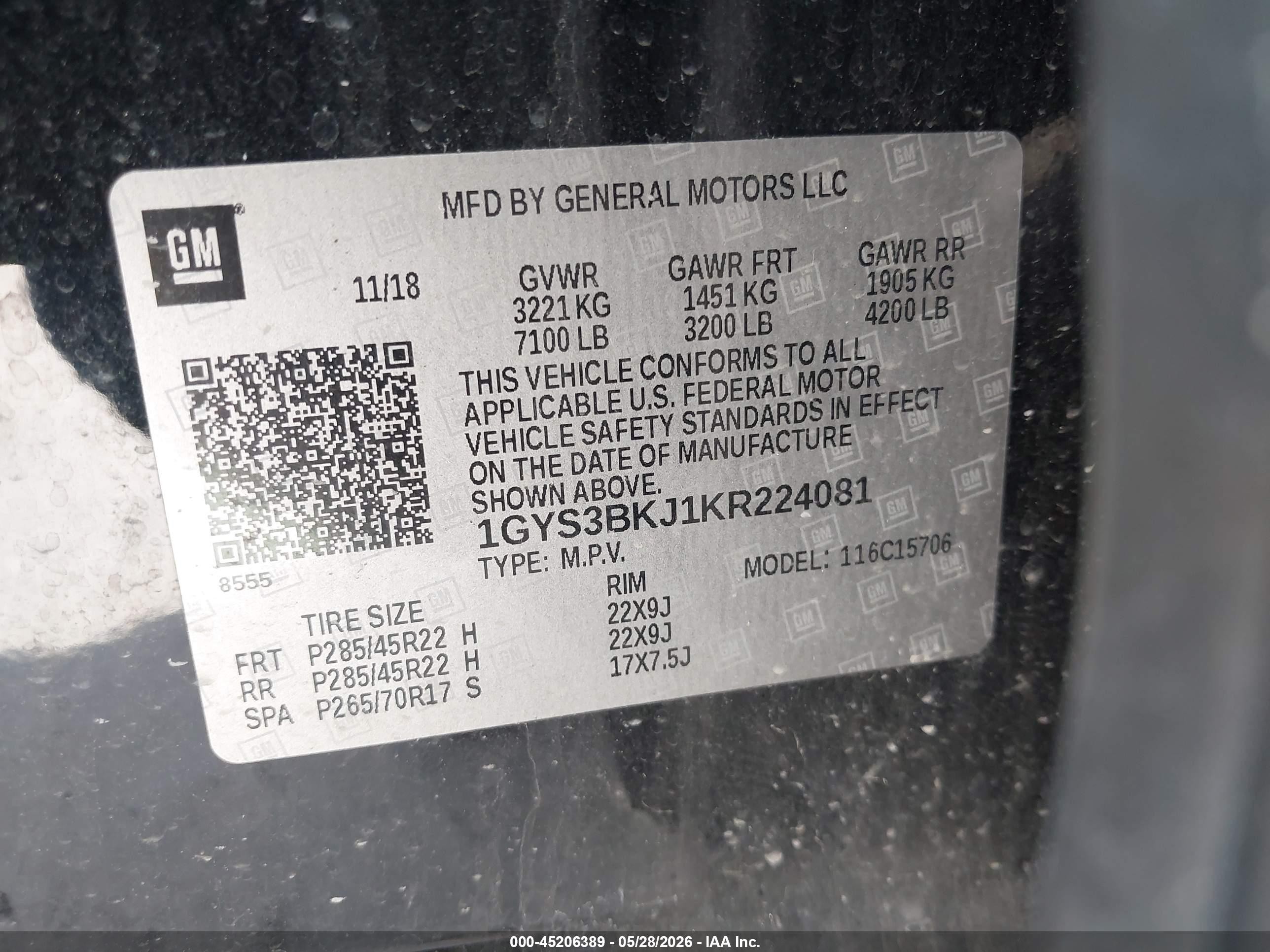 2019 Cadillac Escalade VIN 1GYS3BKJ1KR224081 IAAI salvage auction — Side, Original (Texas), sold $8,575 on 2026-10-13 (photo 9)
