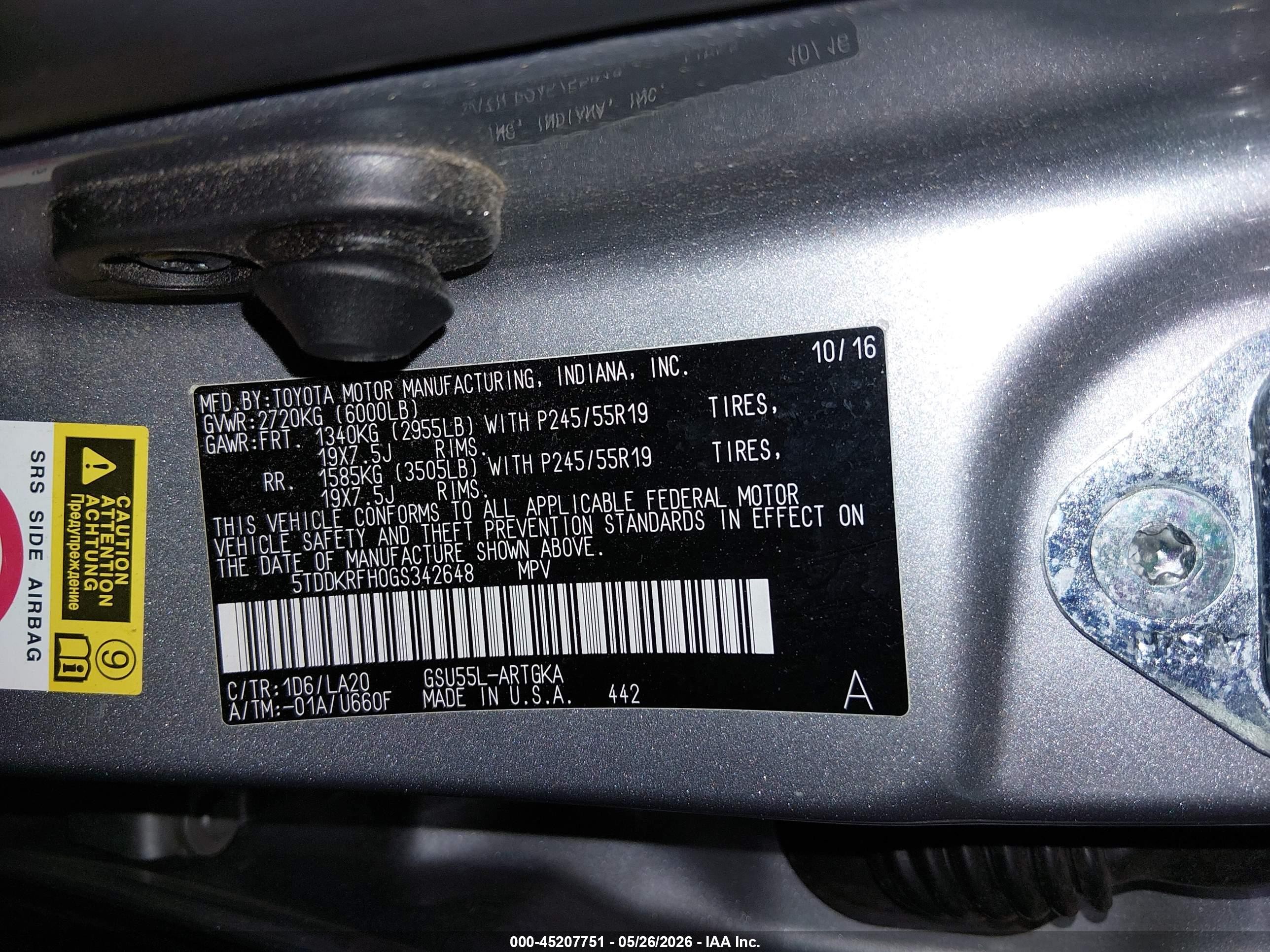 2016 Toyota Highlander VIN 5TDDKRFH0GS342648 IAAI salvage auction — Rear End, Salvage (Oregon), sold $9,050 on 2026-07-09 (photo 9)