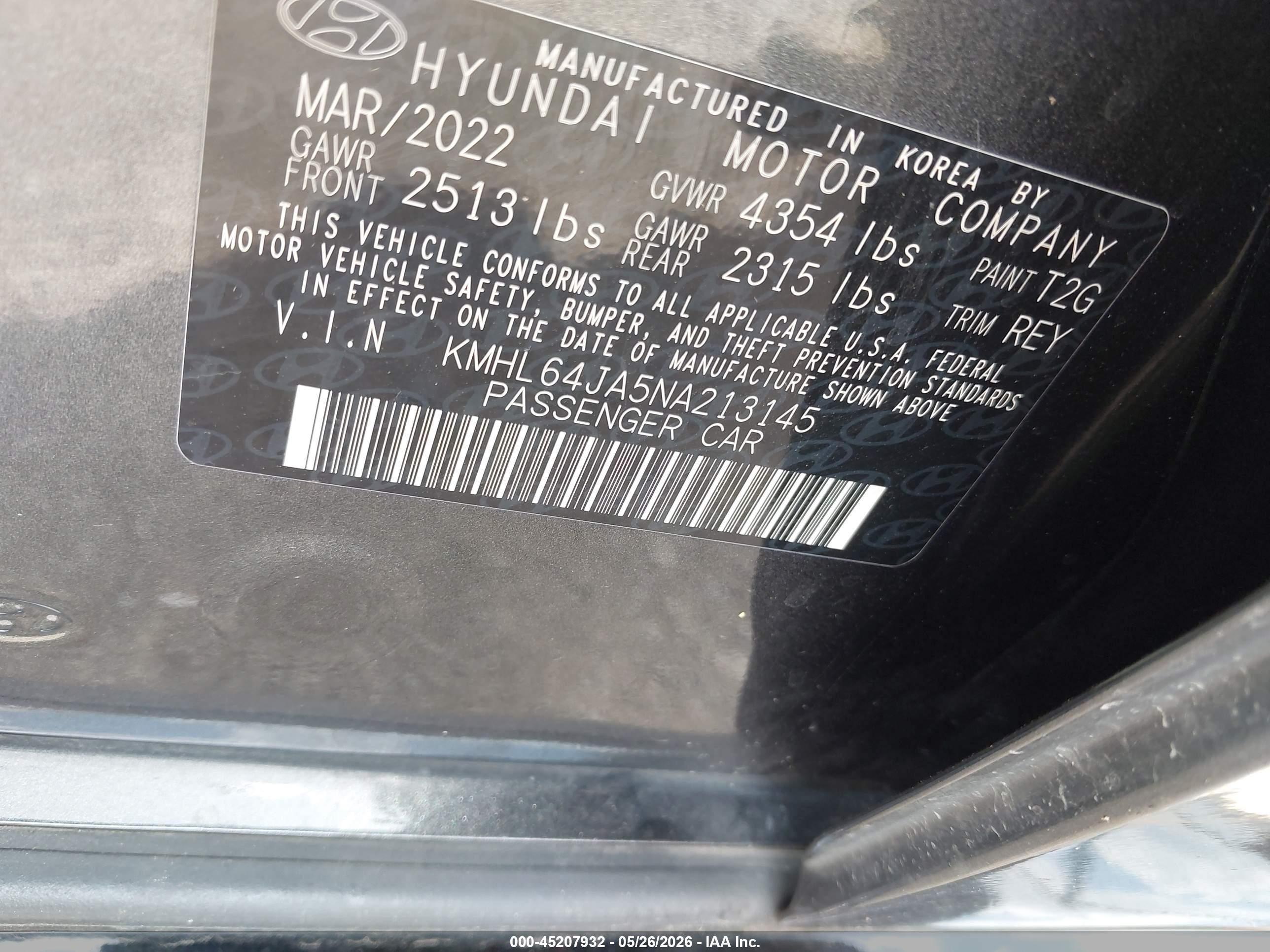2022 Hyundai Sonata VIN KMHL64JA5NA213145 IAAI salvage auction — Front & Rear, Salvage (Texas), sold $2,750 on 2026-07-12 (photo 9)