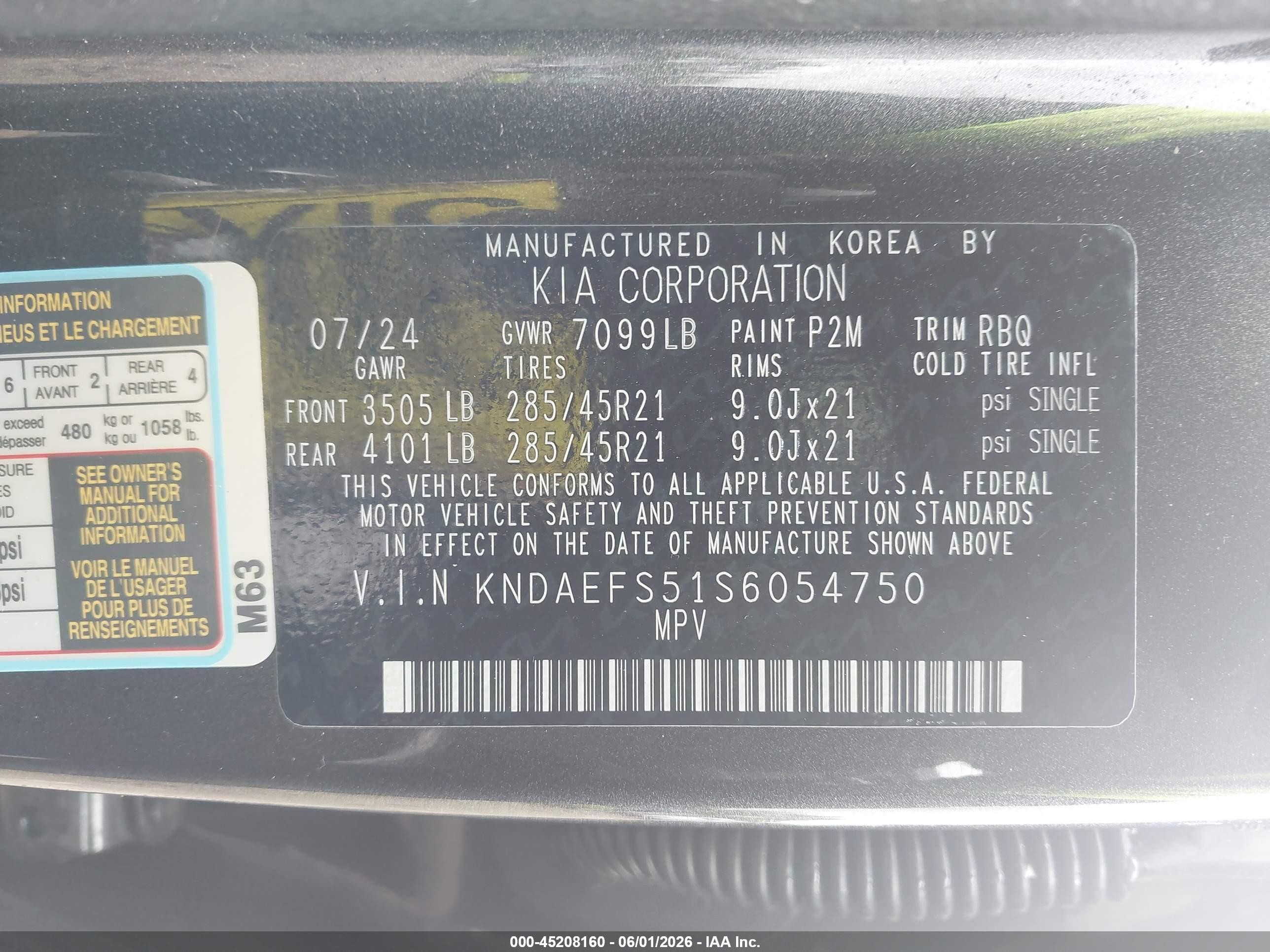 2025 Kia EV9 VIN KNDAEFS51S6054750 IAAI salvage auction — Unknown, Salvage (Massachusetts), sold $21,300 on 2026-09-13 (photo 9)