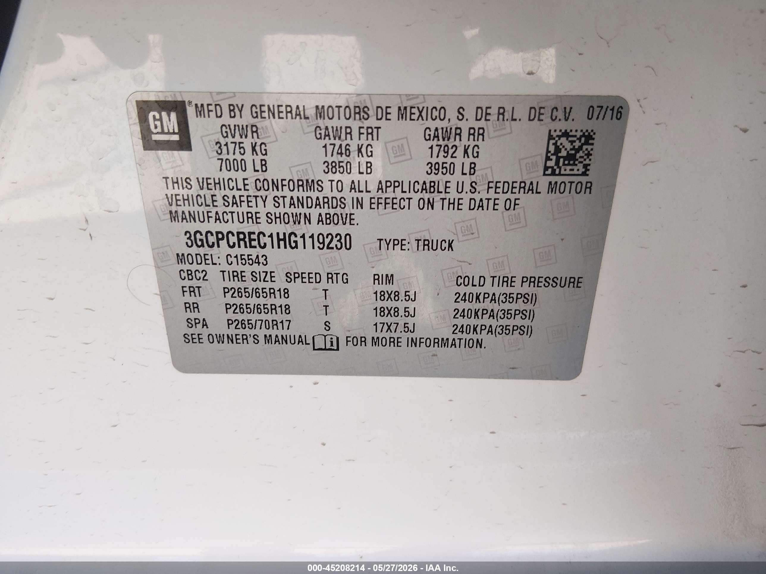 2017 Chevrolet Silverado 1500 VIN 3GCPCREC1HG119230 IAAI salvage auction — Front End, Salvage (Arizona), sold $1,750 on 2026-07-09 (photo 9)