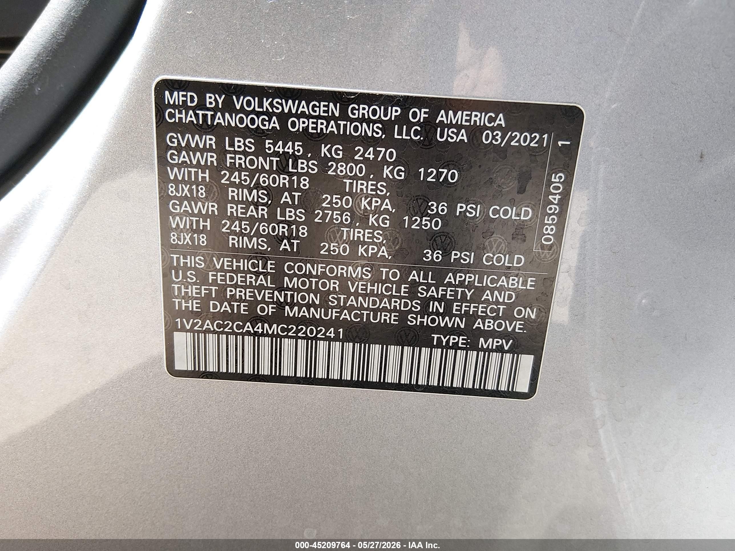 2021 Volkswagen Atlas Cross Sport VIN 1V2AC2CA4MC220241 IAAI salvage auction — Front End, Salvage (Arizona), sold $4,200 on 2026-07-09 (photo 9)
