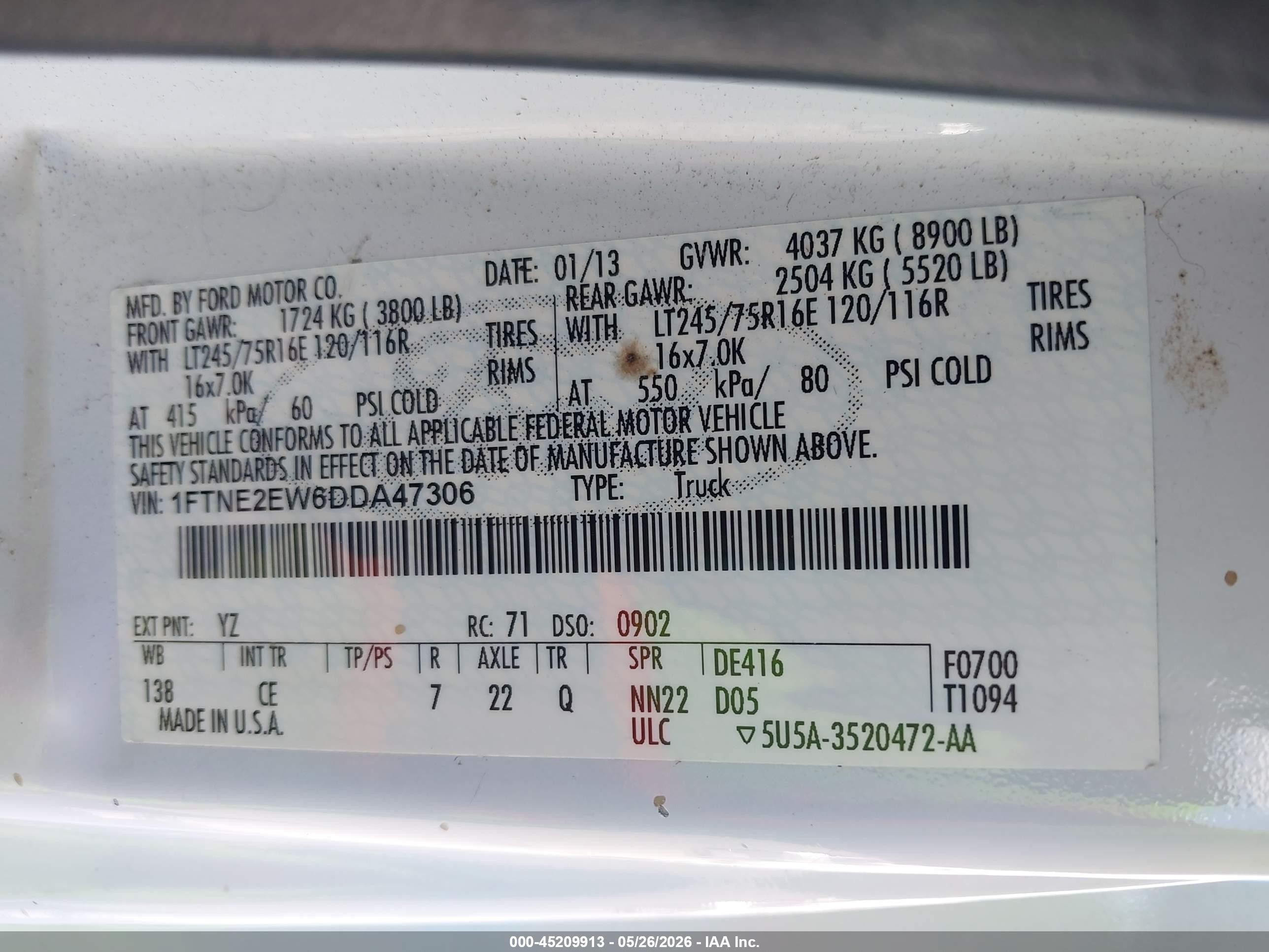 2013 Ford E-250 VIN 1FTNE2EW6DDA47306 IAAI salvage auction — Side, Salvage (Oregon), sold $1,300 on 2026-07-03 (photo 9)