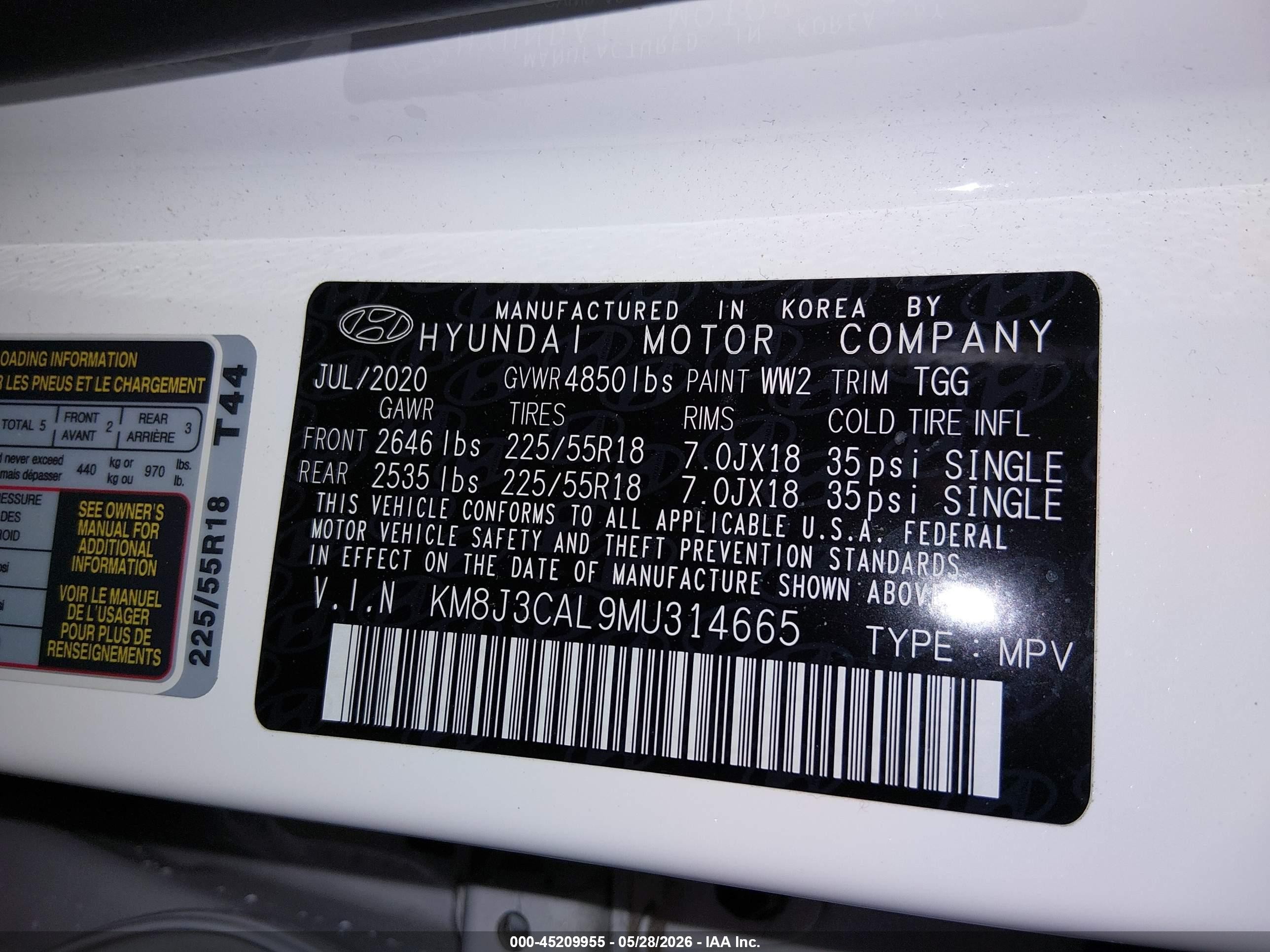 2021 Hyundai Tucson VIN KM8J3CAL9MU314665 IAAI salvage auction — Rear End, Salvage (Idaho), sold $6,550 on 2026-07-10 (photo 9)