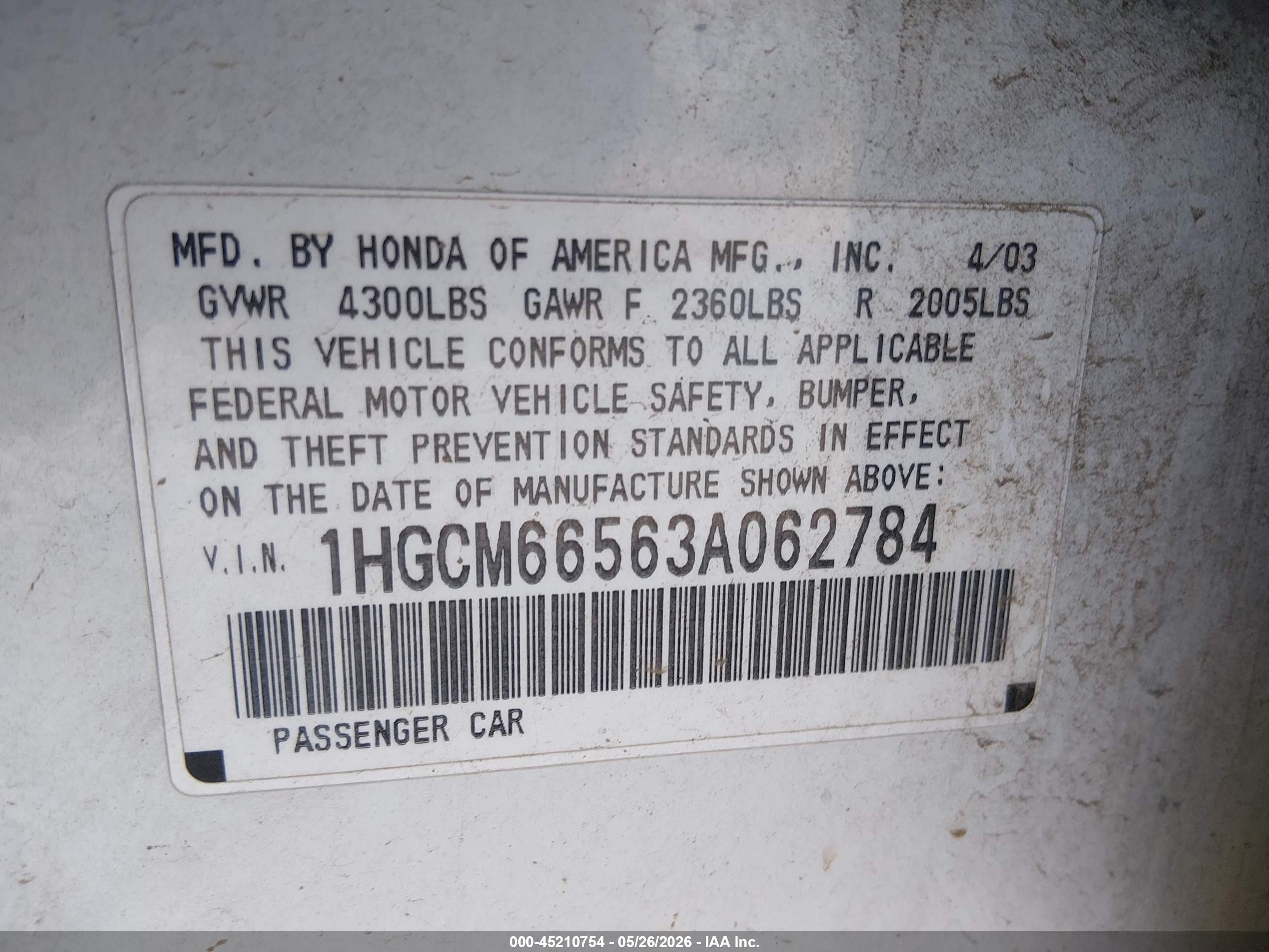 2003 Honda Accord VIN 1HGCM66563A062784 IAAI salvage auction — Normal Wear, Clear (Arizona), sold $175 on 2026-07-09 (photo 9)