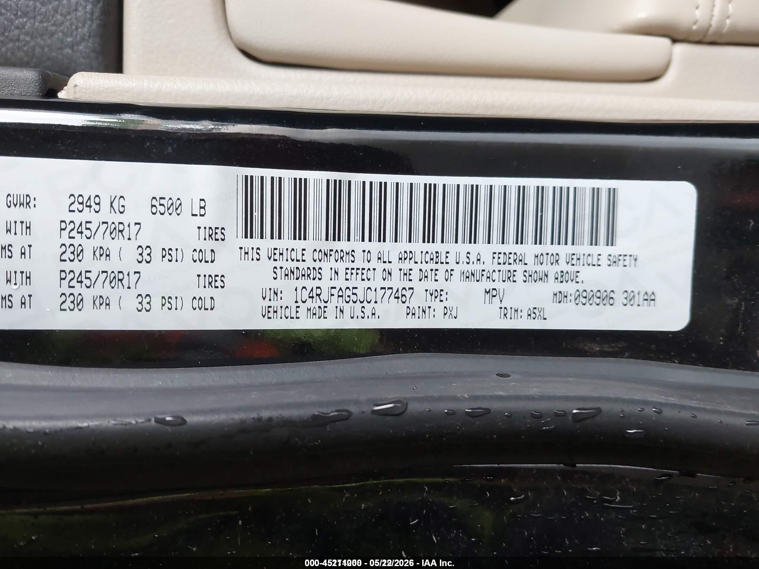 2018 Jeep Grand Cherokee VIN 1C4RJFAG5JC177467 IAAI salvage auction — Hail, SF97 (Kansas), sold $11,250 on 2026-07-09 (photo 9)