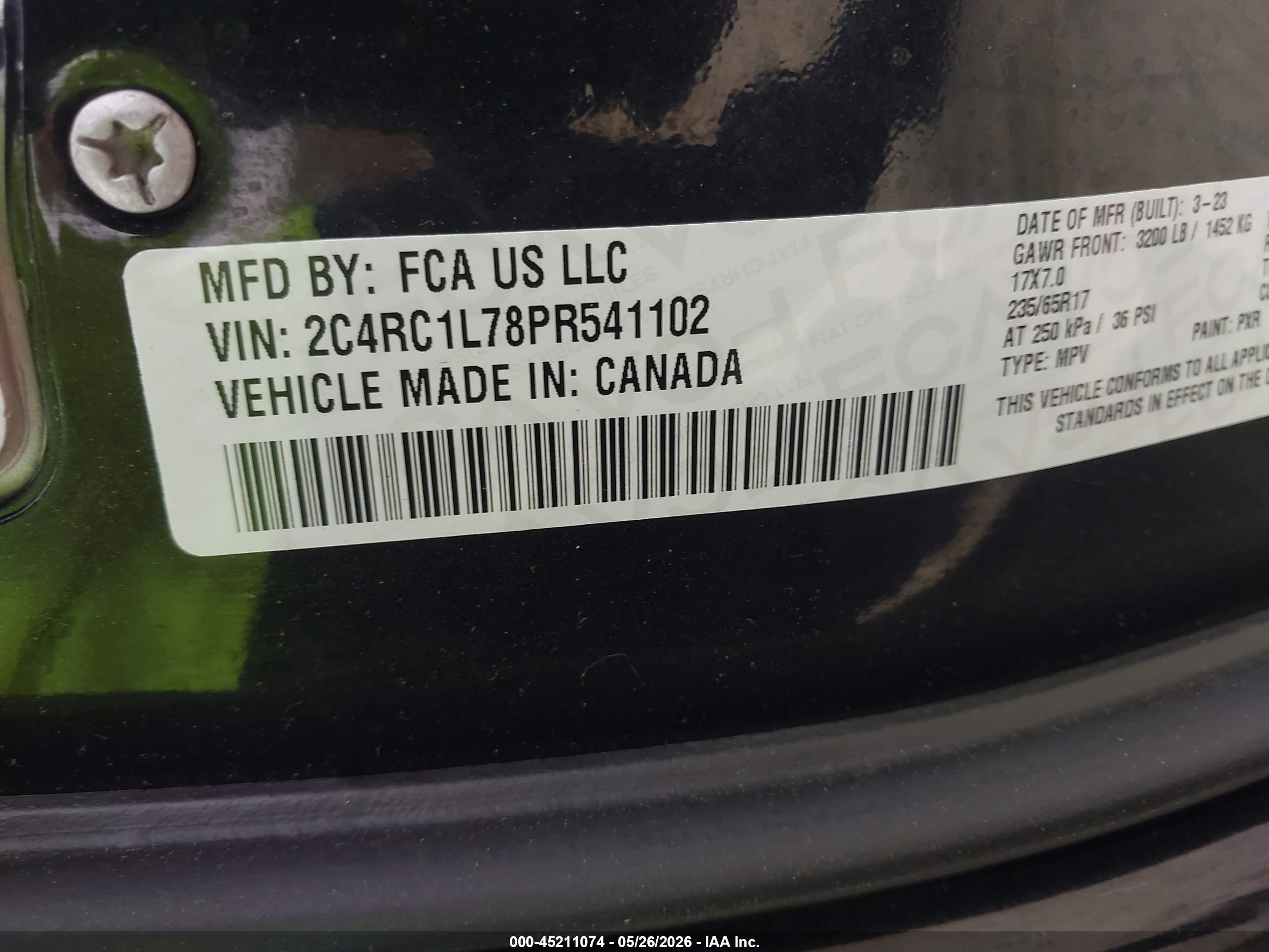 2023 Chrysler Pacifica VIN 2C4RC1L78PR541102 IAAI salvage auction — Side, Salvage (North Carolina), sold $8,400 on 2026-07-12 (photo 9)