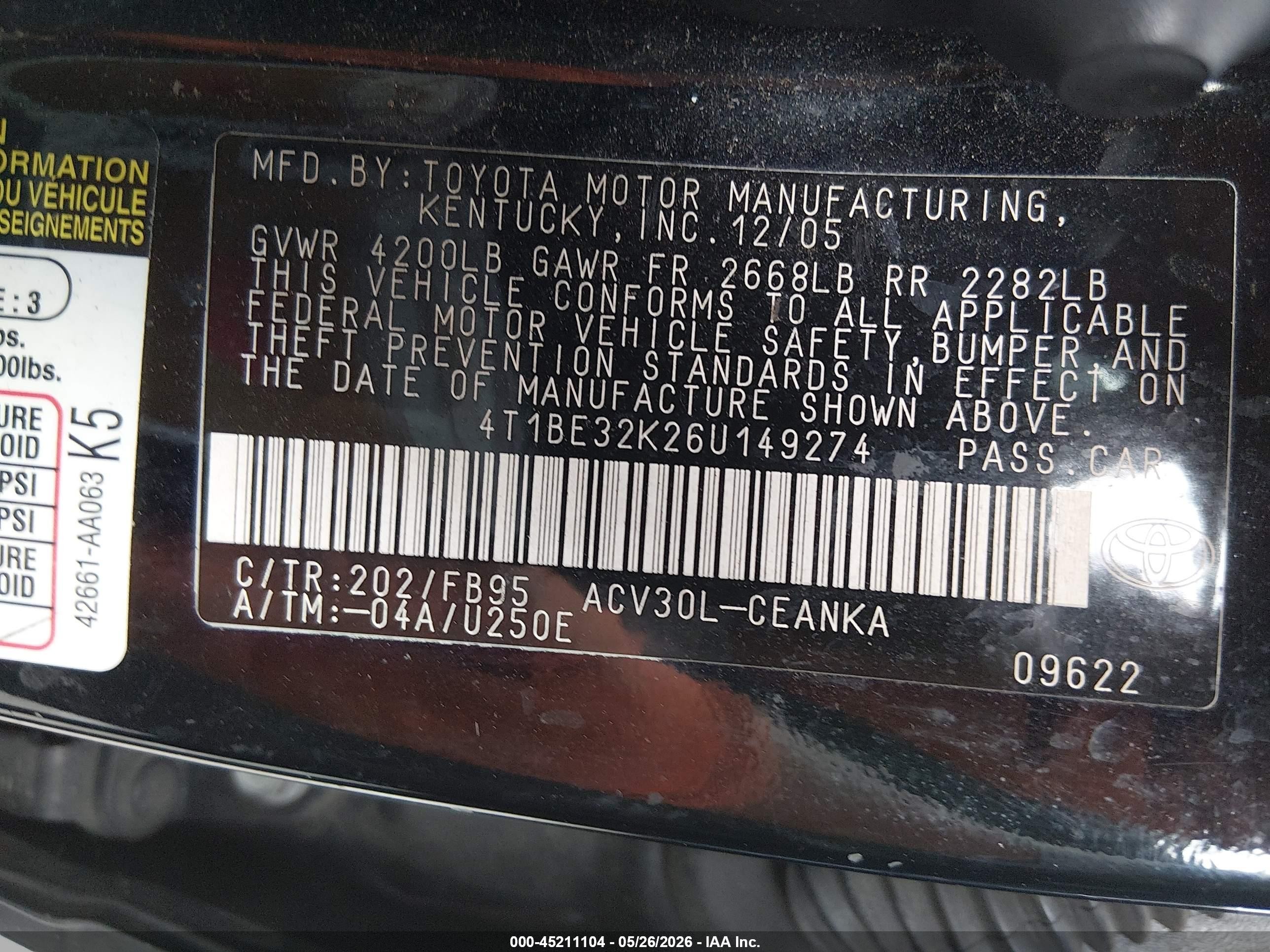 2006 Toyota Camry VIN 4T1BE32K26U149274 IAAI salvage auction — Normal Wear, Clear - Dealer Only (California), sold $400 on 2026-07-02 (photo 9)
