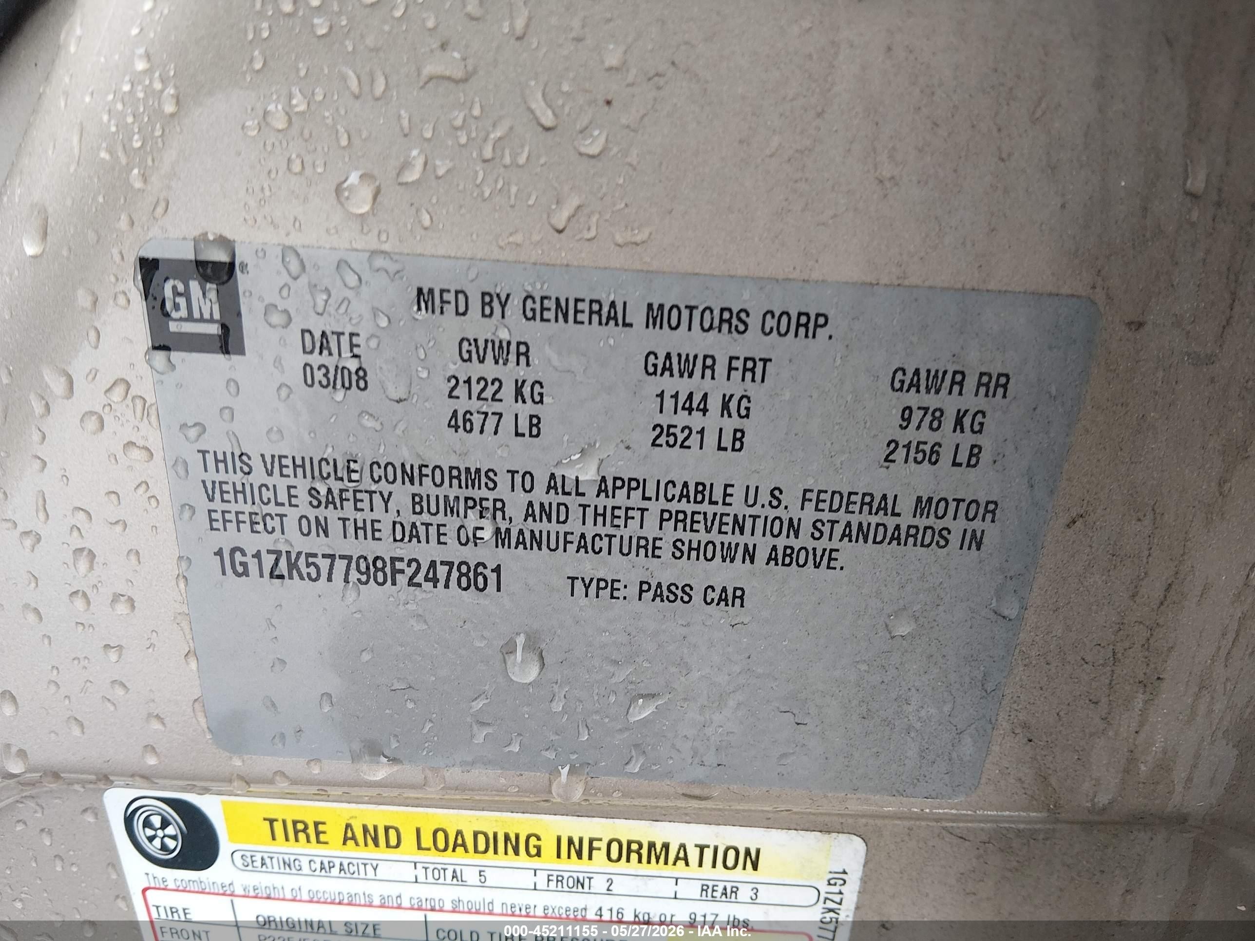 2008 Chevrolet Malibu VIN 1G1ZK57798F247861 IAAI salvage auction — Side, Salvage (North Carolina), sold $775 on 2026-09-10 (photo 9)