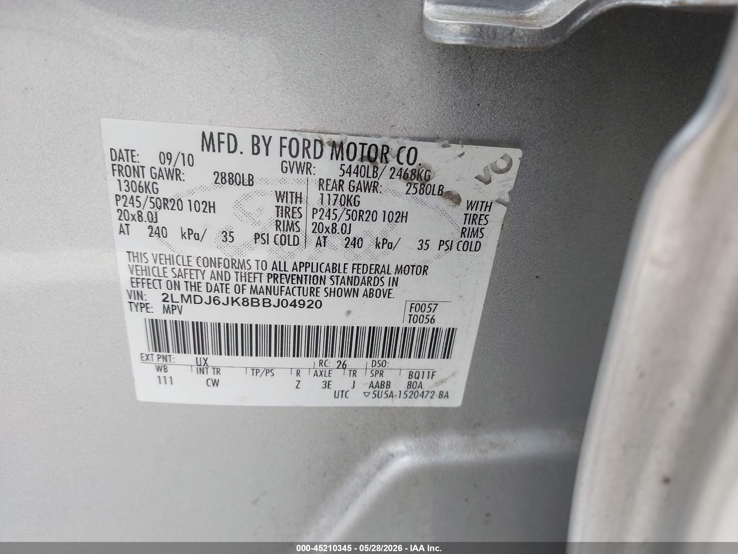 2011 Lincoln Mkx VIN 2LMDJ6JK8BBJ04920 IAAI salvage auction — Rear End, Salvage (North Carolina), sold $625 on 2026-09-11 (photo 9)