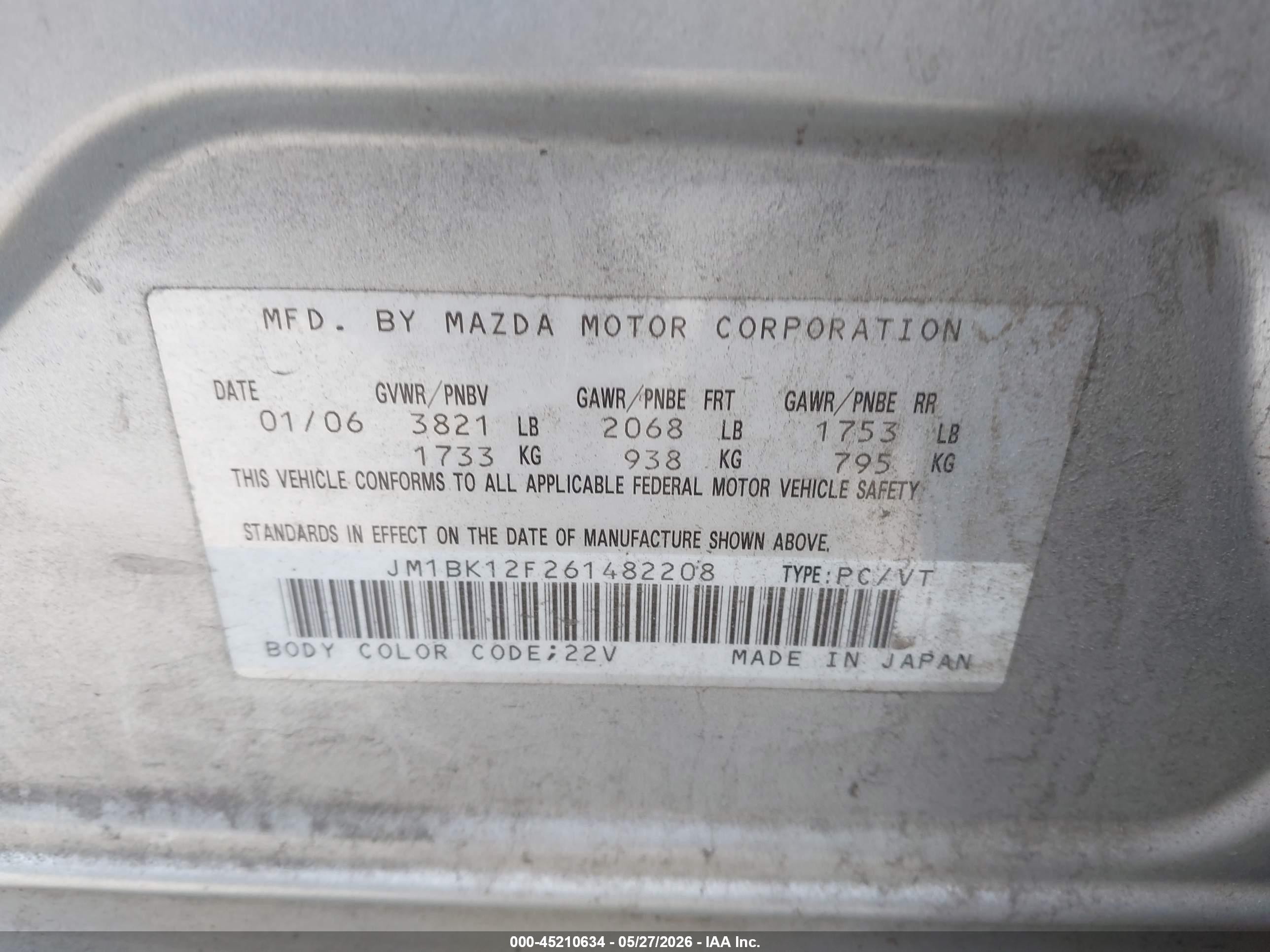 2006 Mazda 3 VIN JM1BK12F261482208 IAAI salvage auction — Side, Salvage (Oregon), sold $100 on 2026-07-09 (photo 9)